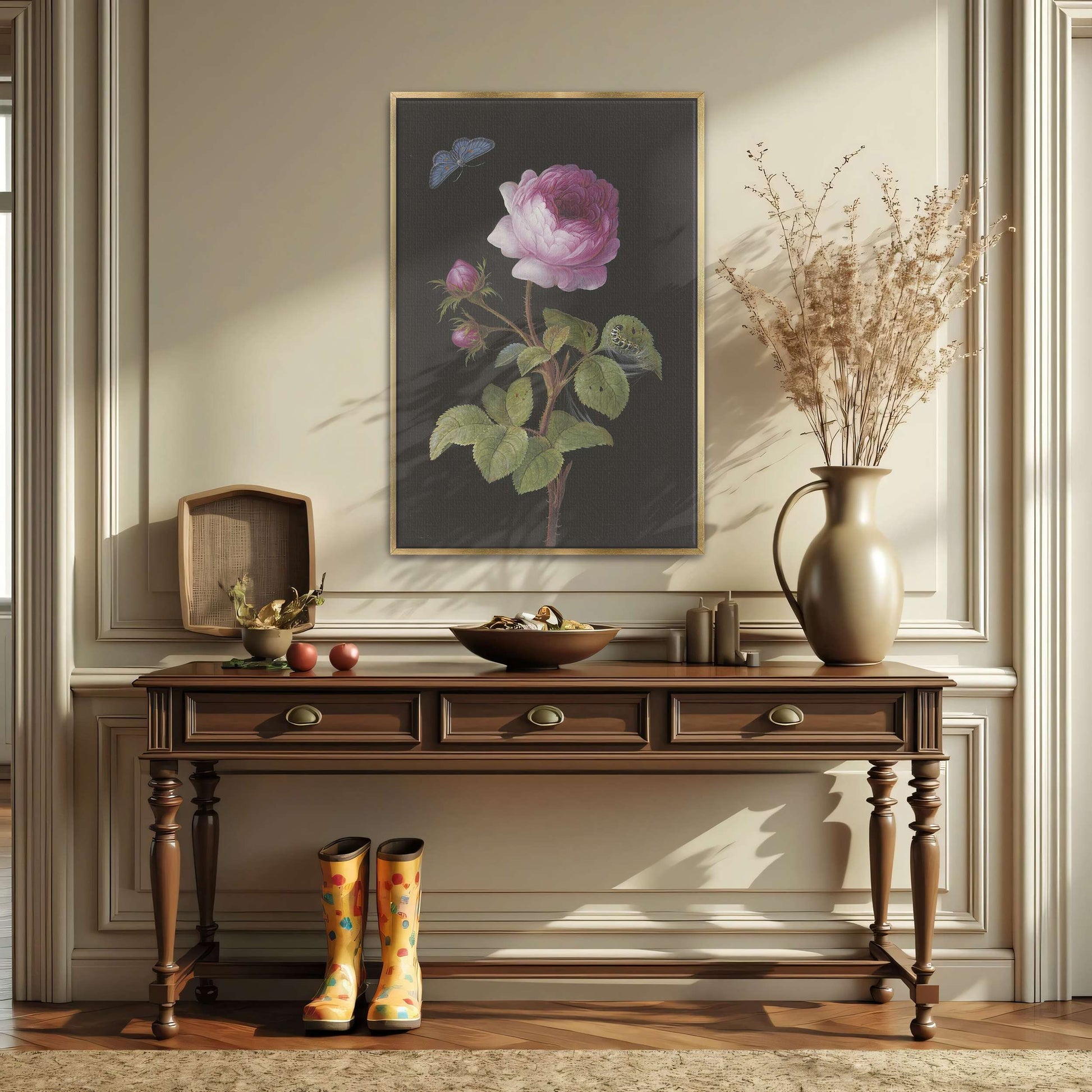 Pink rose, butterfly, caterpillar by Elisabeth Christina Matthes