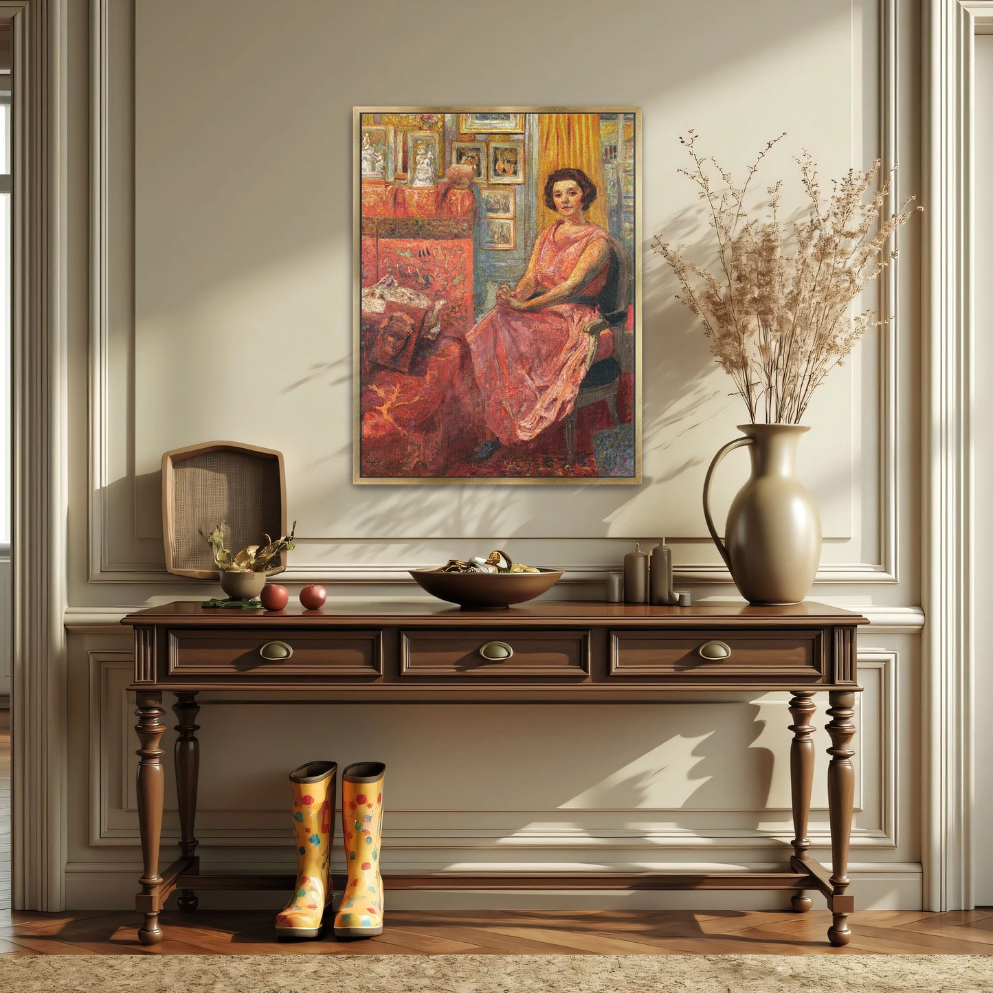 Woman In Pink Dress Sitting In Interior With Pictures By Édouard Vuillard