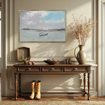 Gondola On Calm Water, Venice, With Boats And Buildings In Background By Joseph Pennell