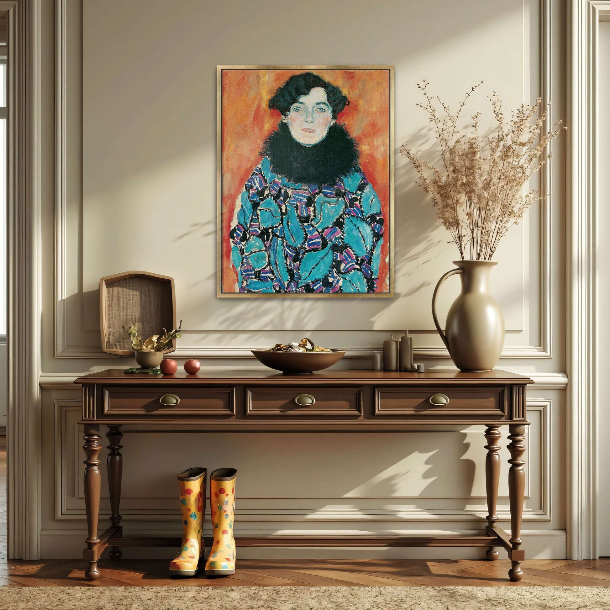 Portrait of a woman in a patterned dress by Gustav Klimt
