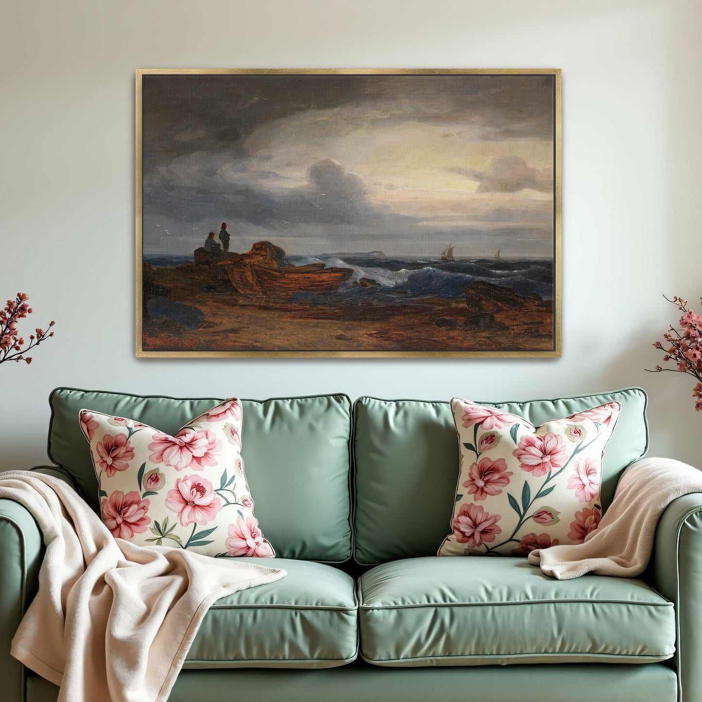 Two Figures On A Rocky Shore With Boats And A Distant Sailboat Under A Cloudy Sky By Karl Hagemeister