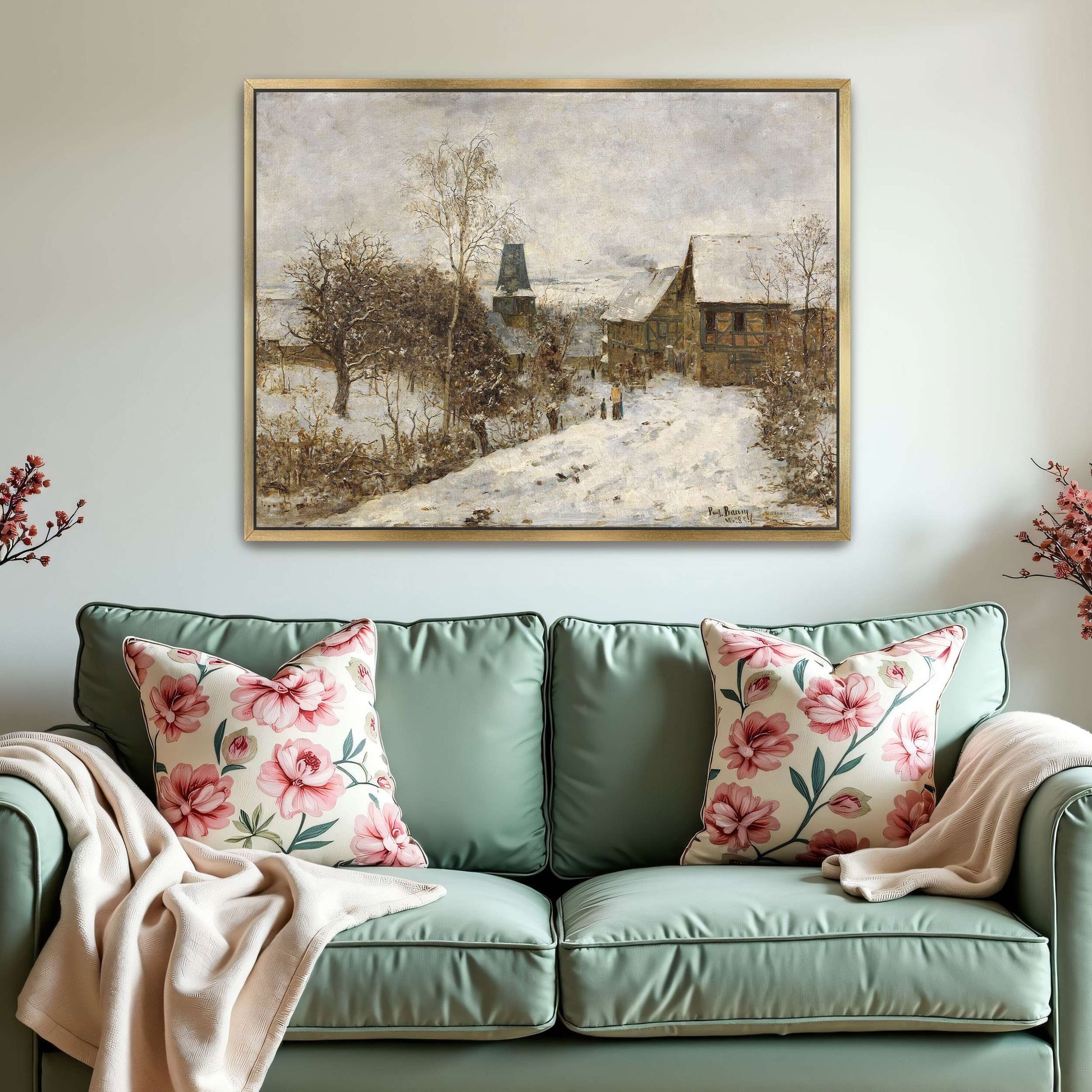 Snowy village scene with houses by Paul Baum