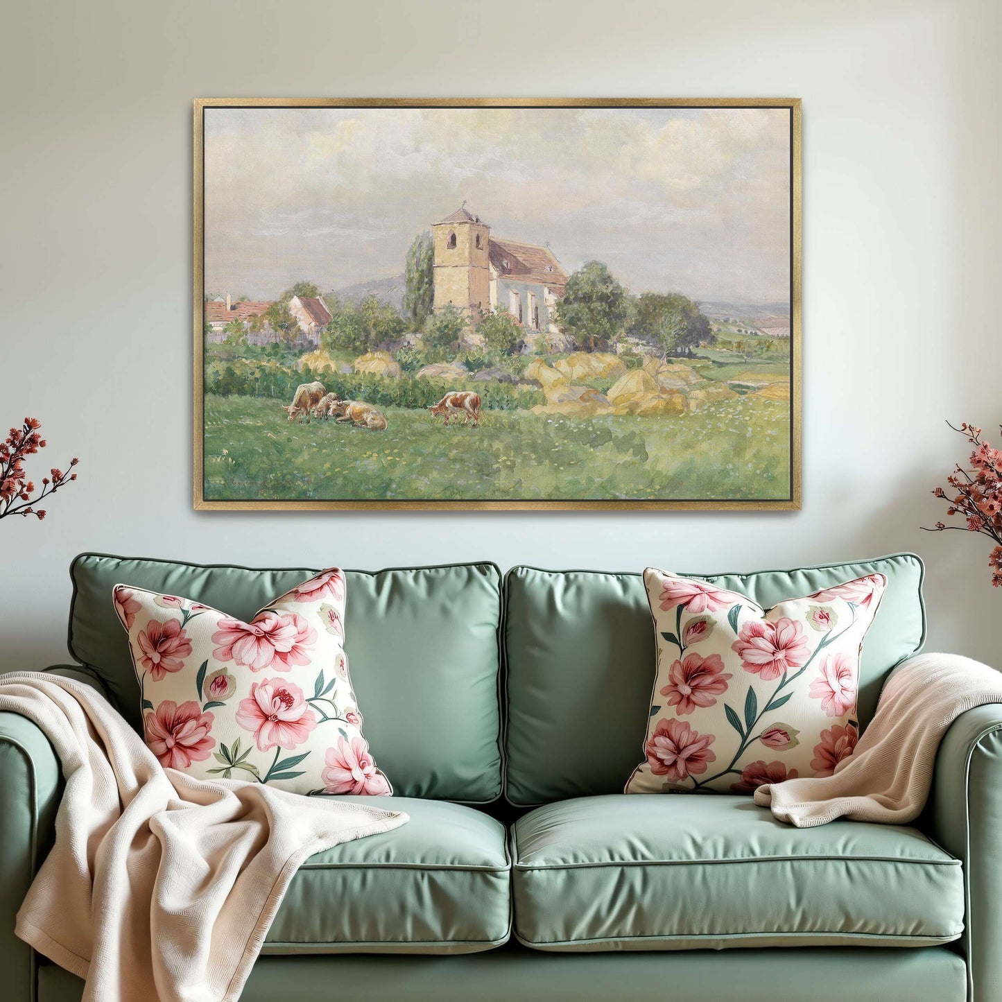 Church and cows in a field by Eugen Jettel