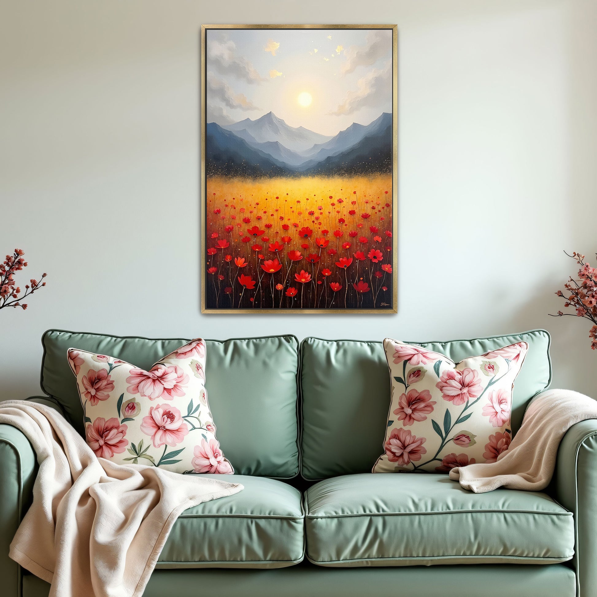 Golden Field Of Red Flowers Under A Mountain Range By Yara Rabibzad