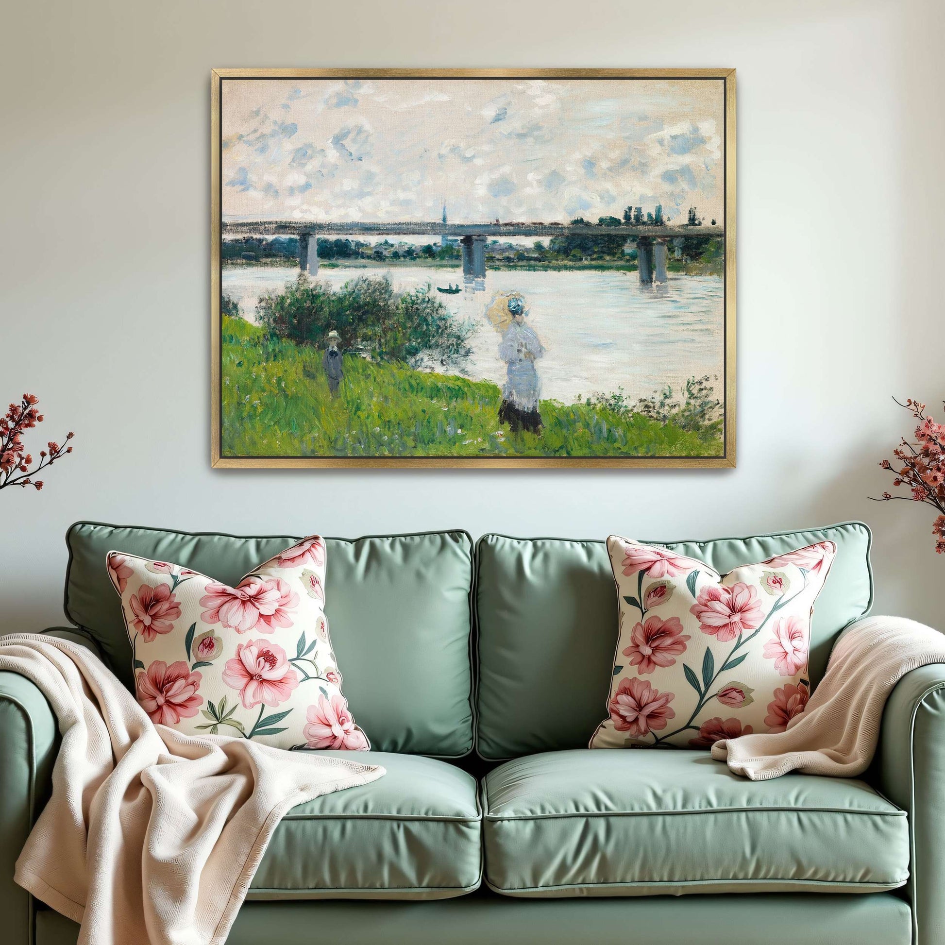 Impressionist River Scene With Bridge And Figures By Claude Monet