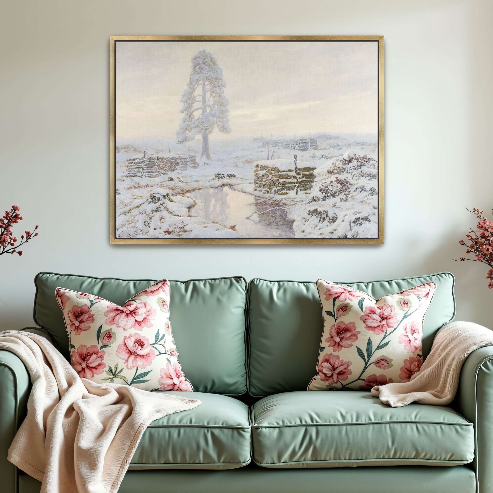 Snowy winter landscape with lone tree by Józef Rapacki