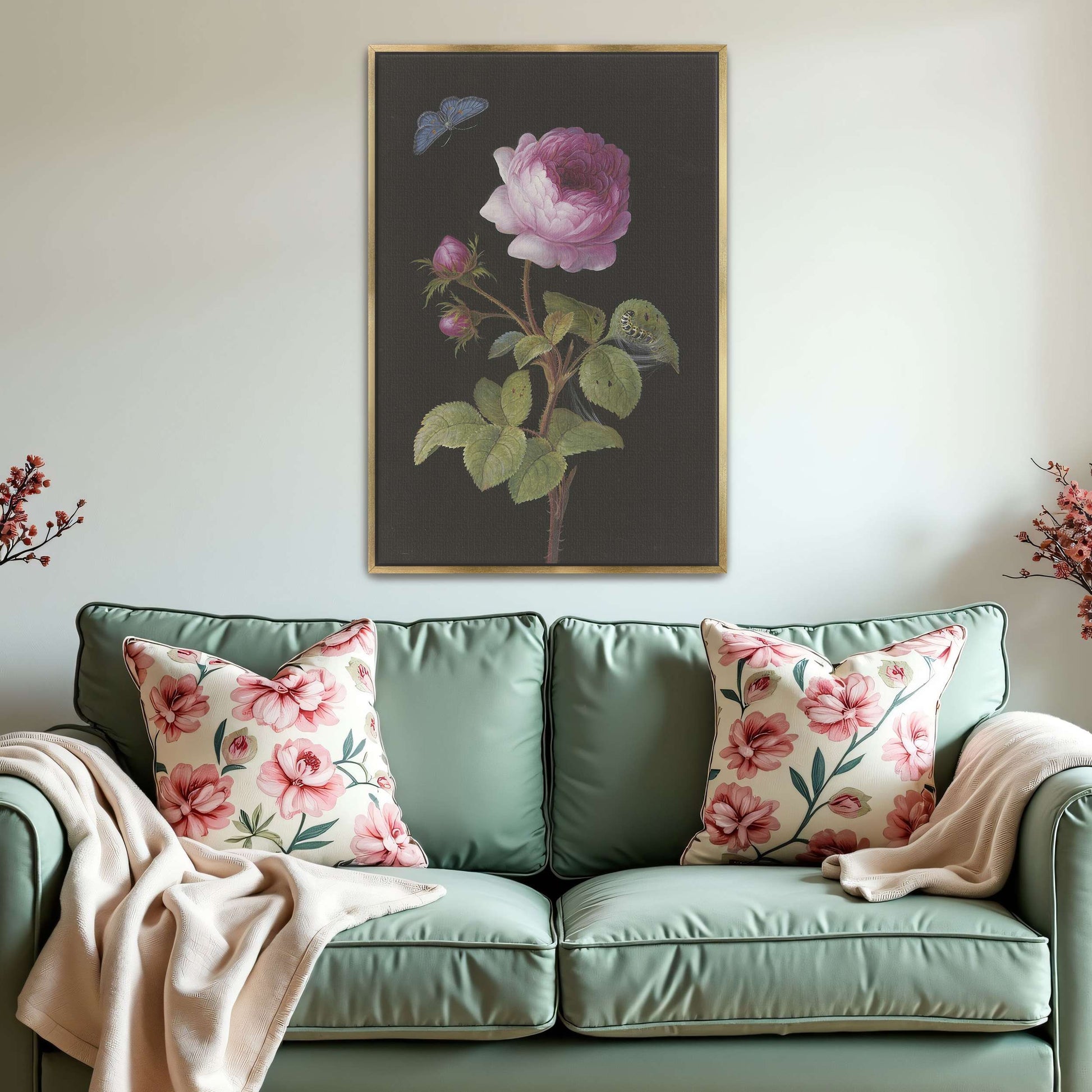 Pink rose, butterfly, caterpillar by Elisabeth Christina Matthes