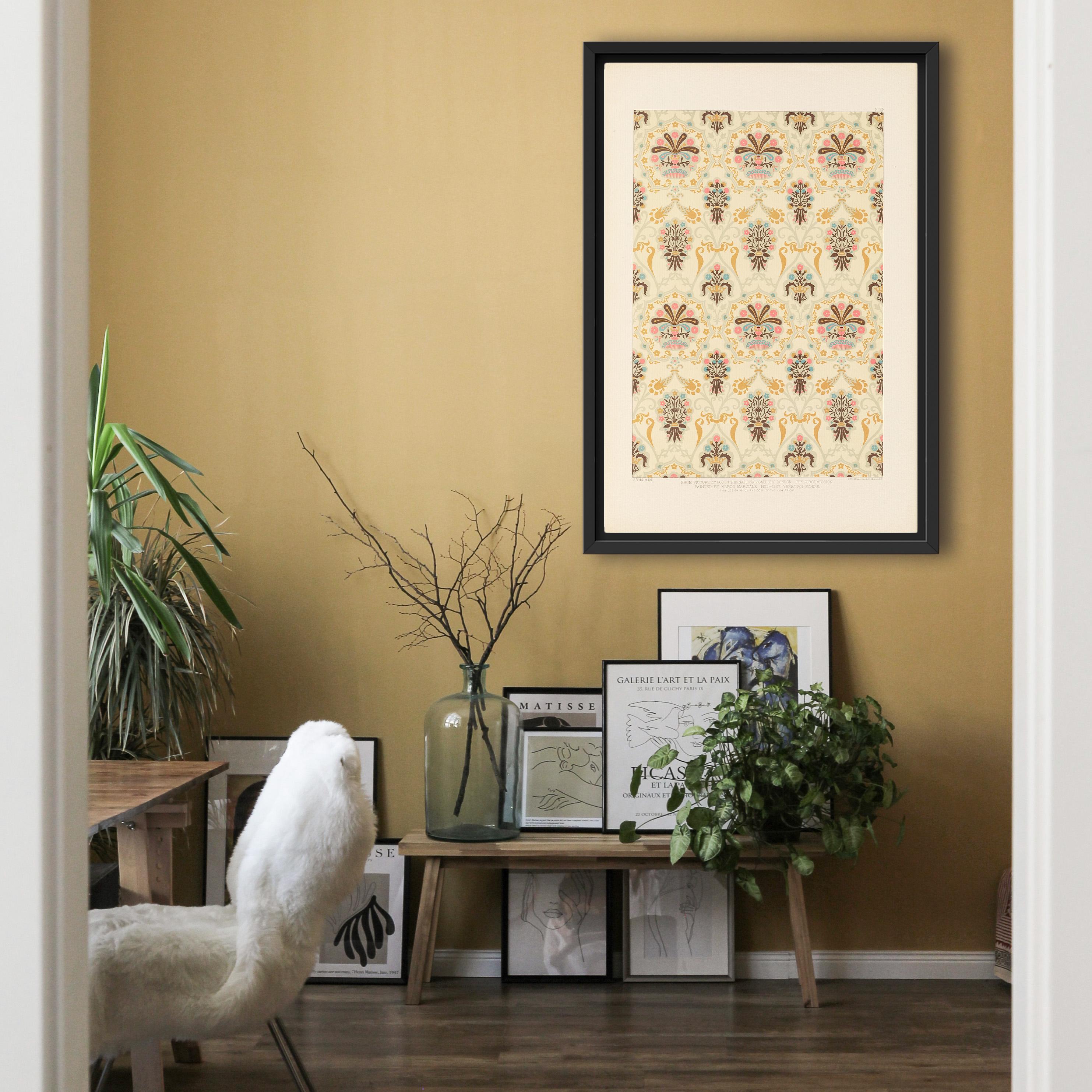 Canvas Wall Art Decor - Black Frame (black2)
This is a detailed illustration of a 15th century Italian ornament design. The style is intricate and decorative with a repeating pattern of floral motifs, ornate scrolls, and starbursts.