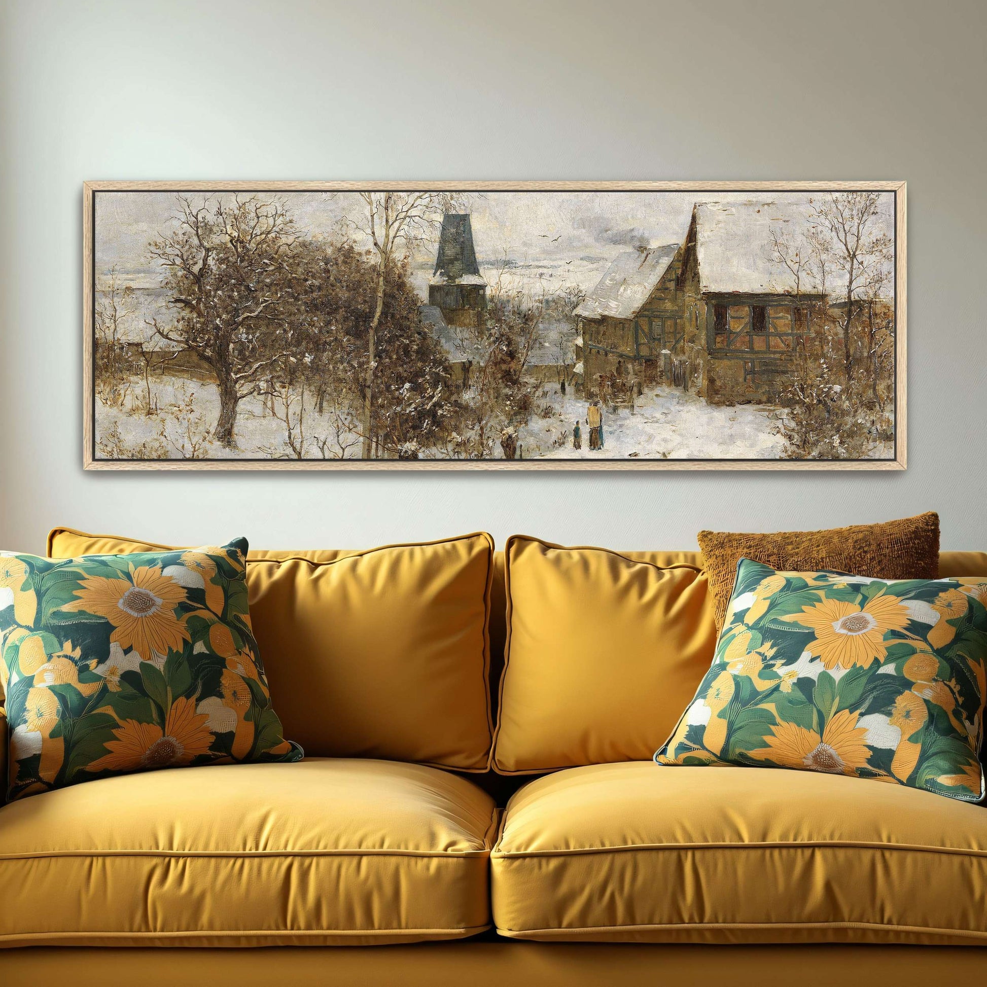 Snowy village scene with houses by Paul Baum