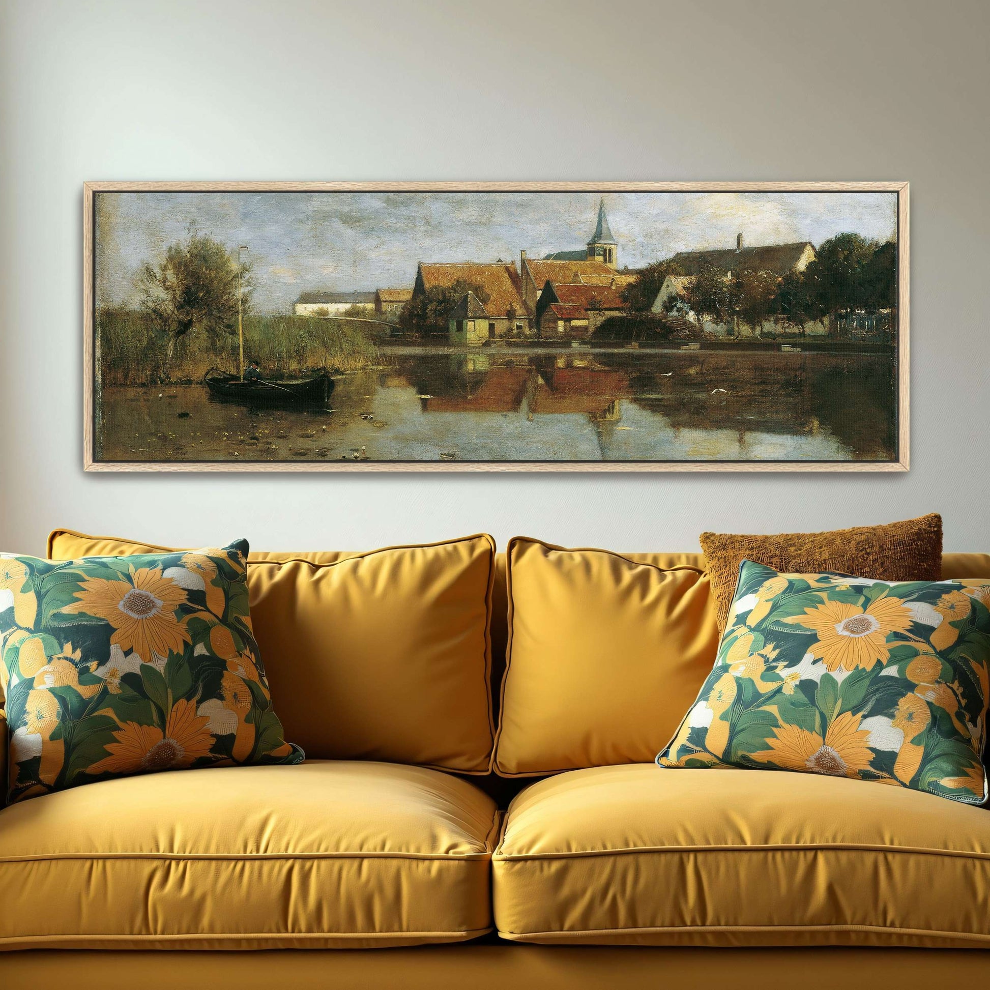 A village by a lake with a boat by Eugen Jettel