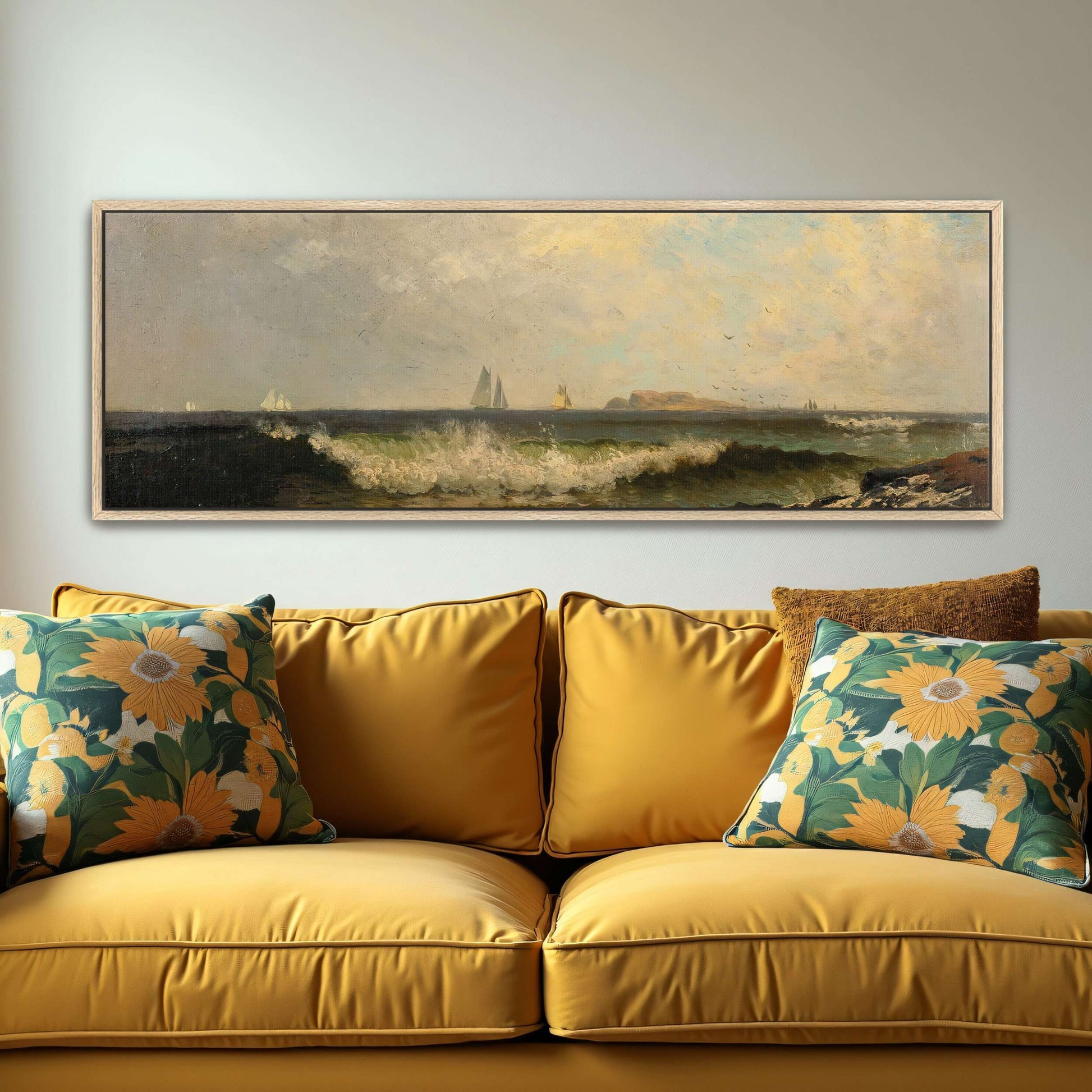 Sailboats on a choppy sea with a rocky shore by Alfred Thompson Bricher