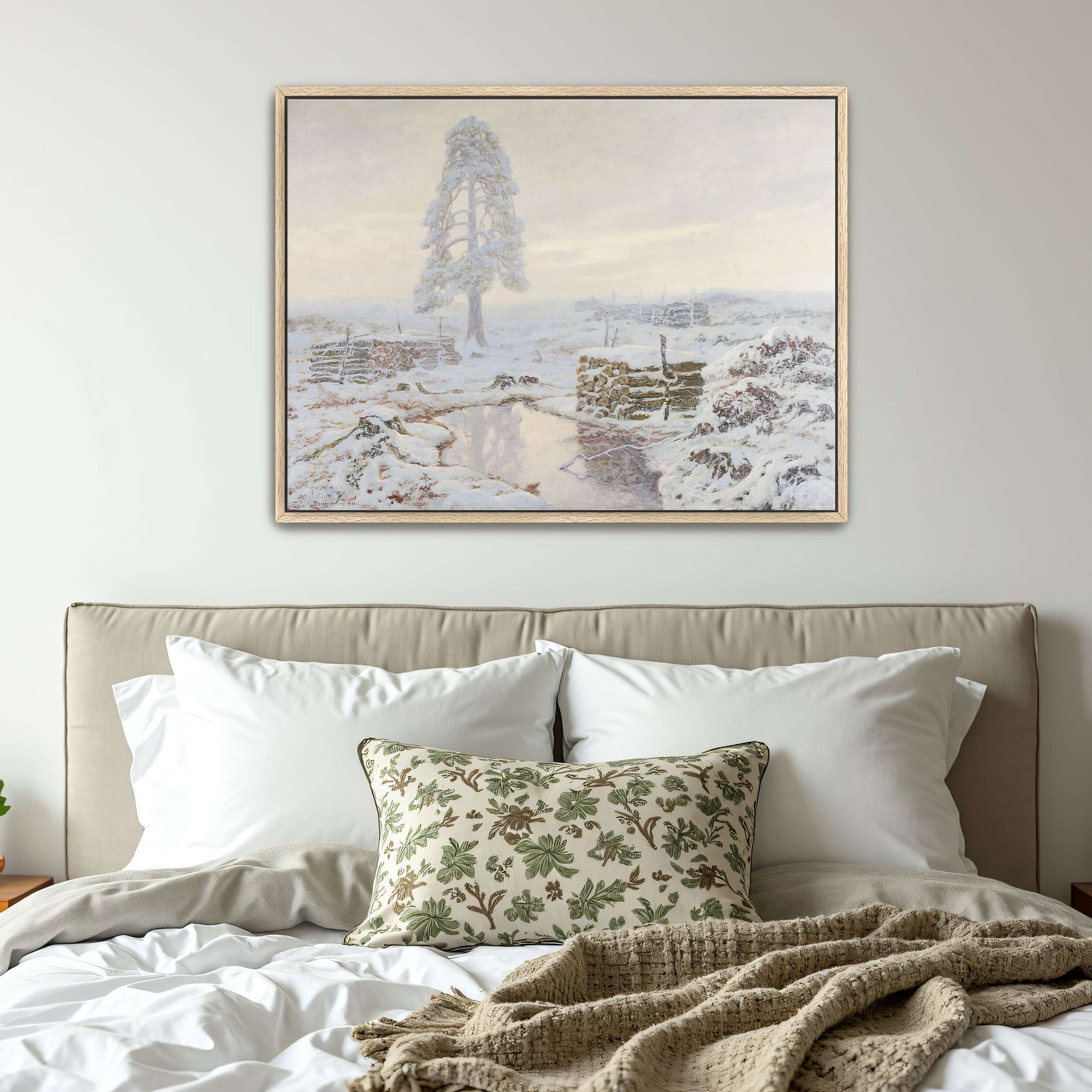 Snowy winter landscape with lone tree by Józef Rapacki