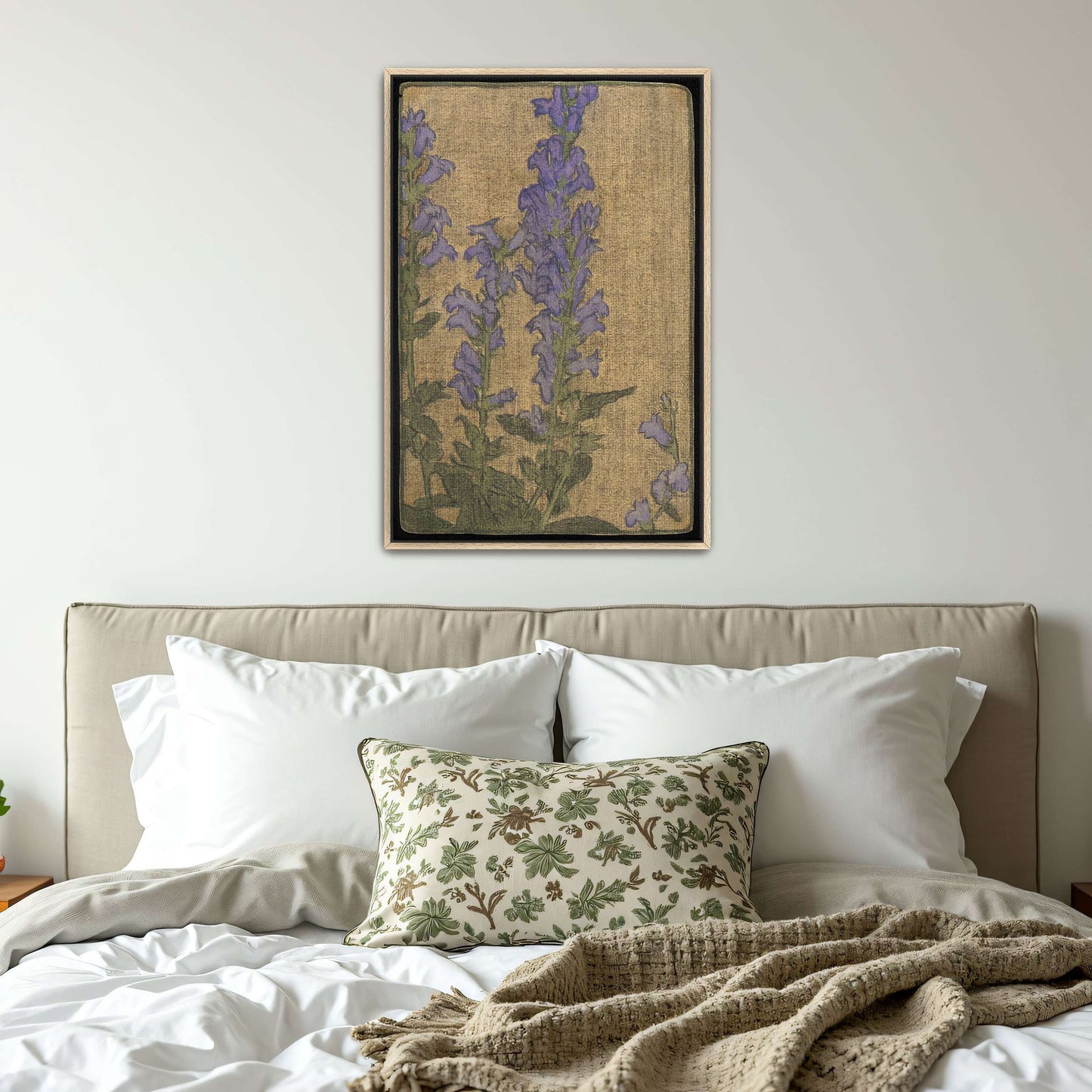 Purple flowers on beige background by Hannah Borger Overbeck