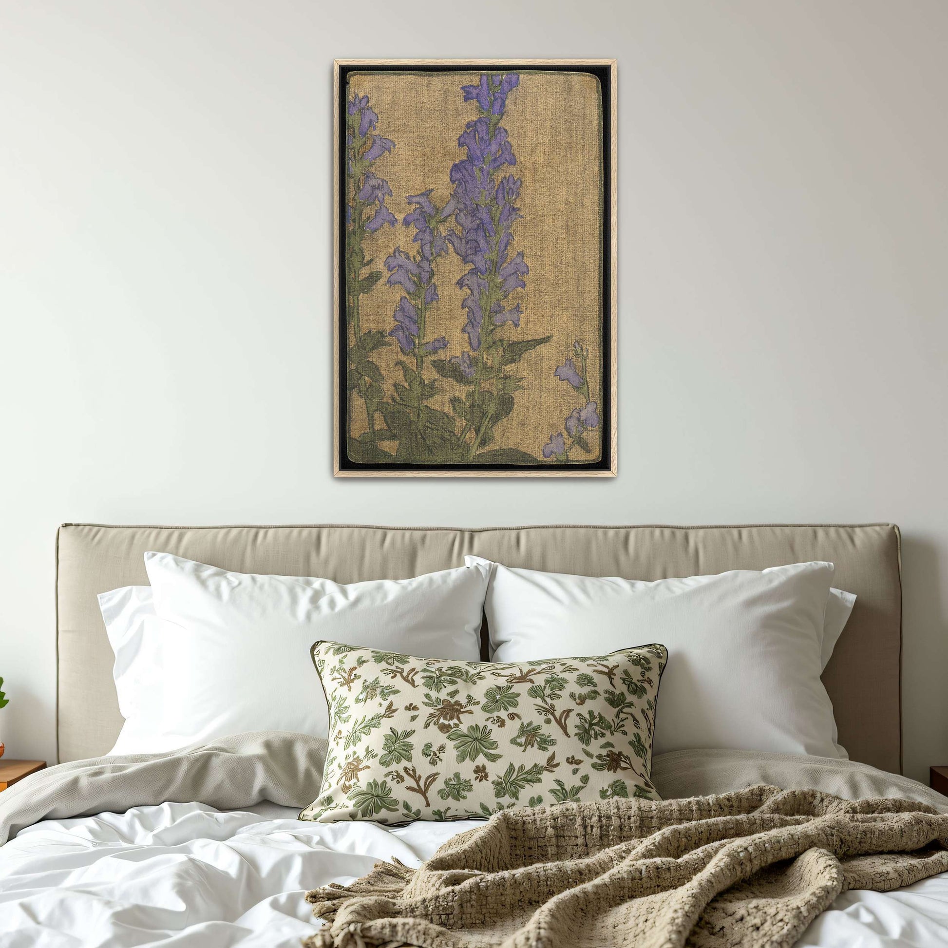 Purple flowers on beige background by Hannah Borger Overbeck