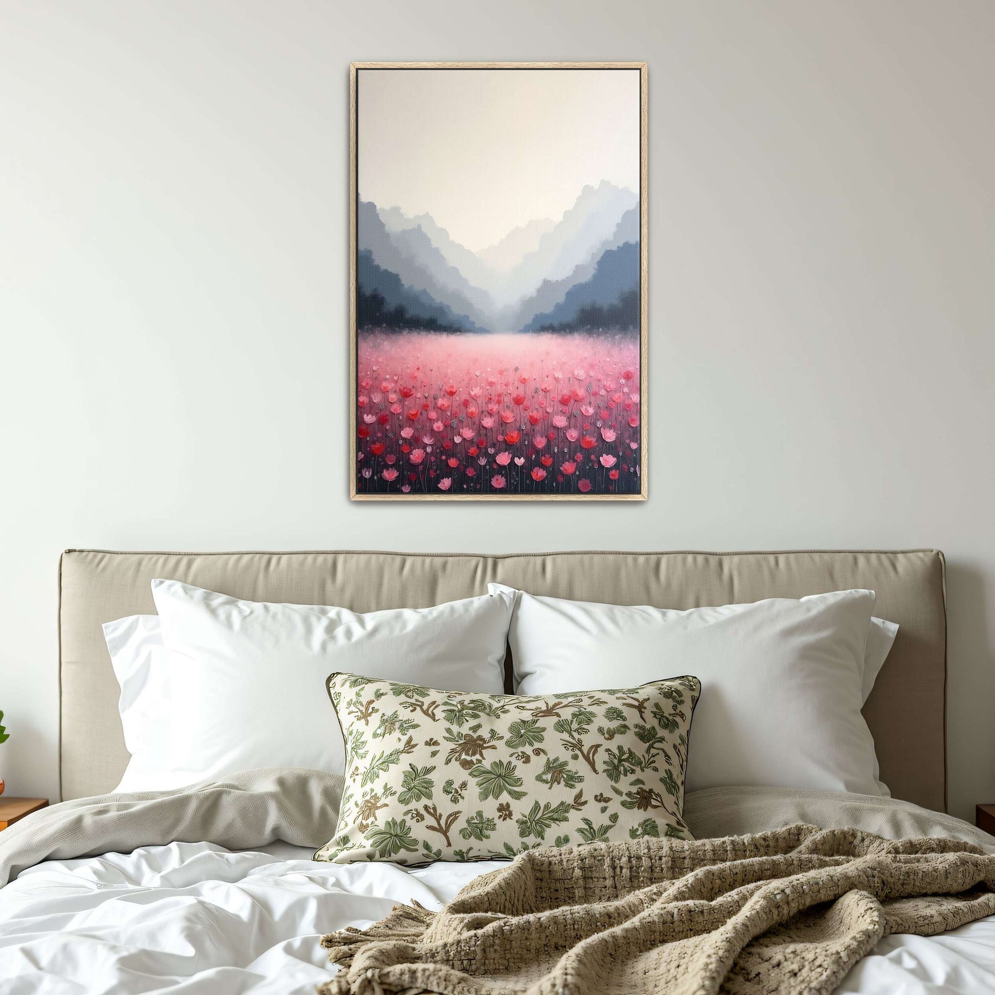 Pink Flower Field In Misty Mountains By Yara Rabibzad