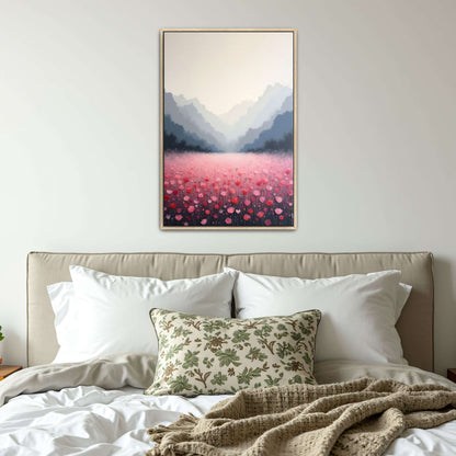 Pink Flower Field In Misty Mountains By Yara Rabibzad