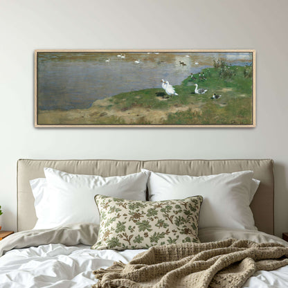 Village with geese on a lake by Eugen Jettel