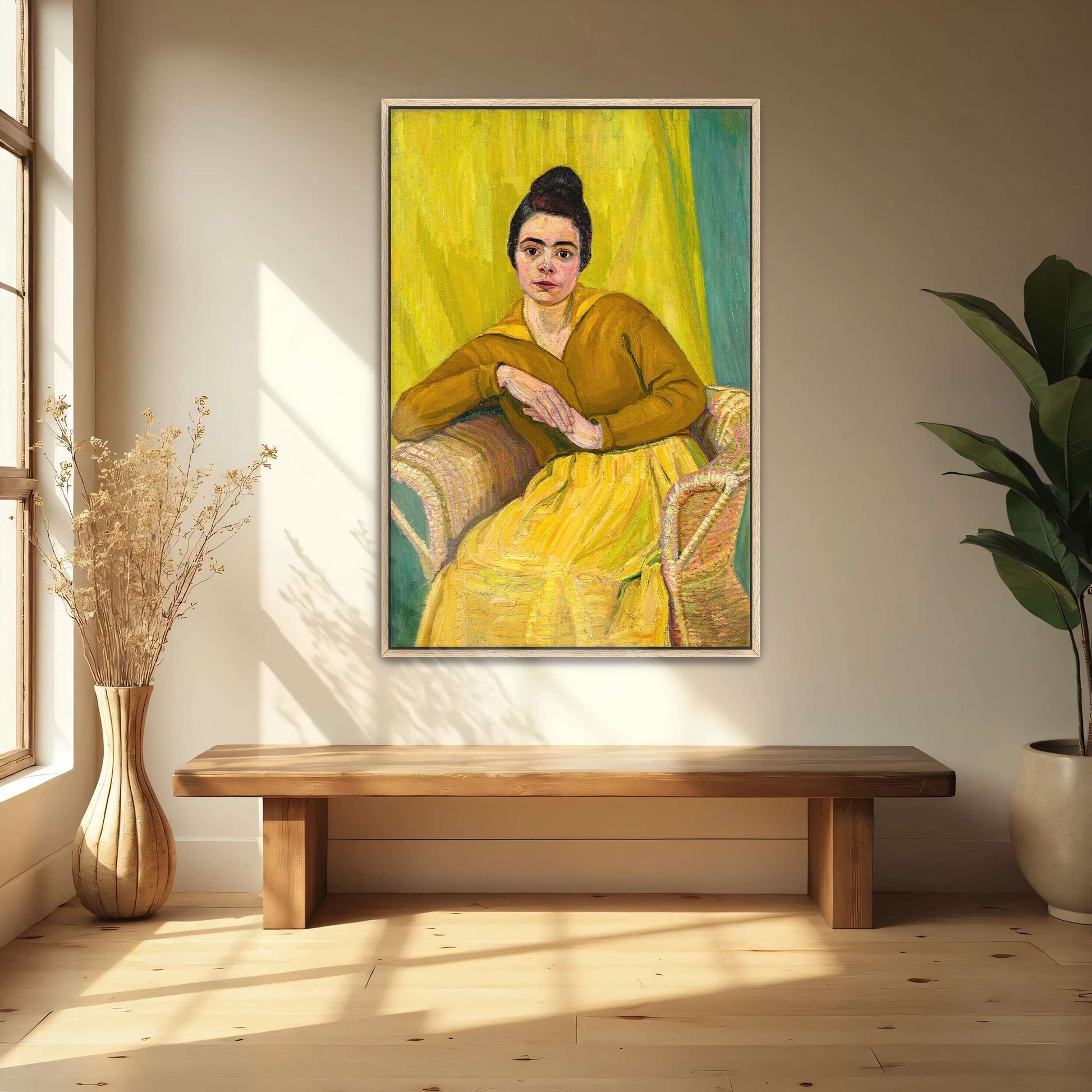 Woman in yellow dress, wicker chair by Koloman Moser