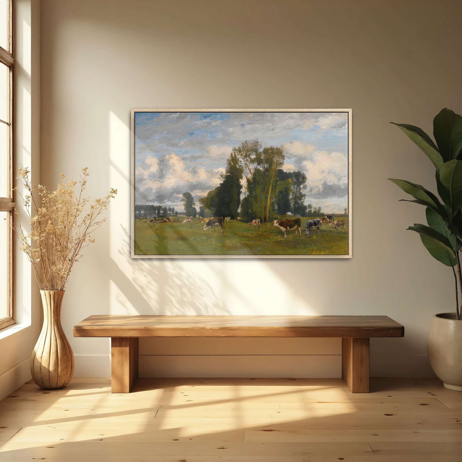 Rural Meadow With Cows Grazing Under Cloudy Sky By Eugen Jettel