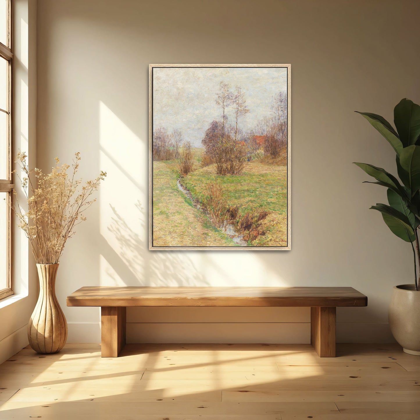 Stream Through Fields, Trees And Cloudy Sky By Paul Baum