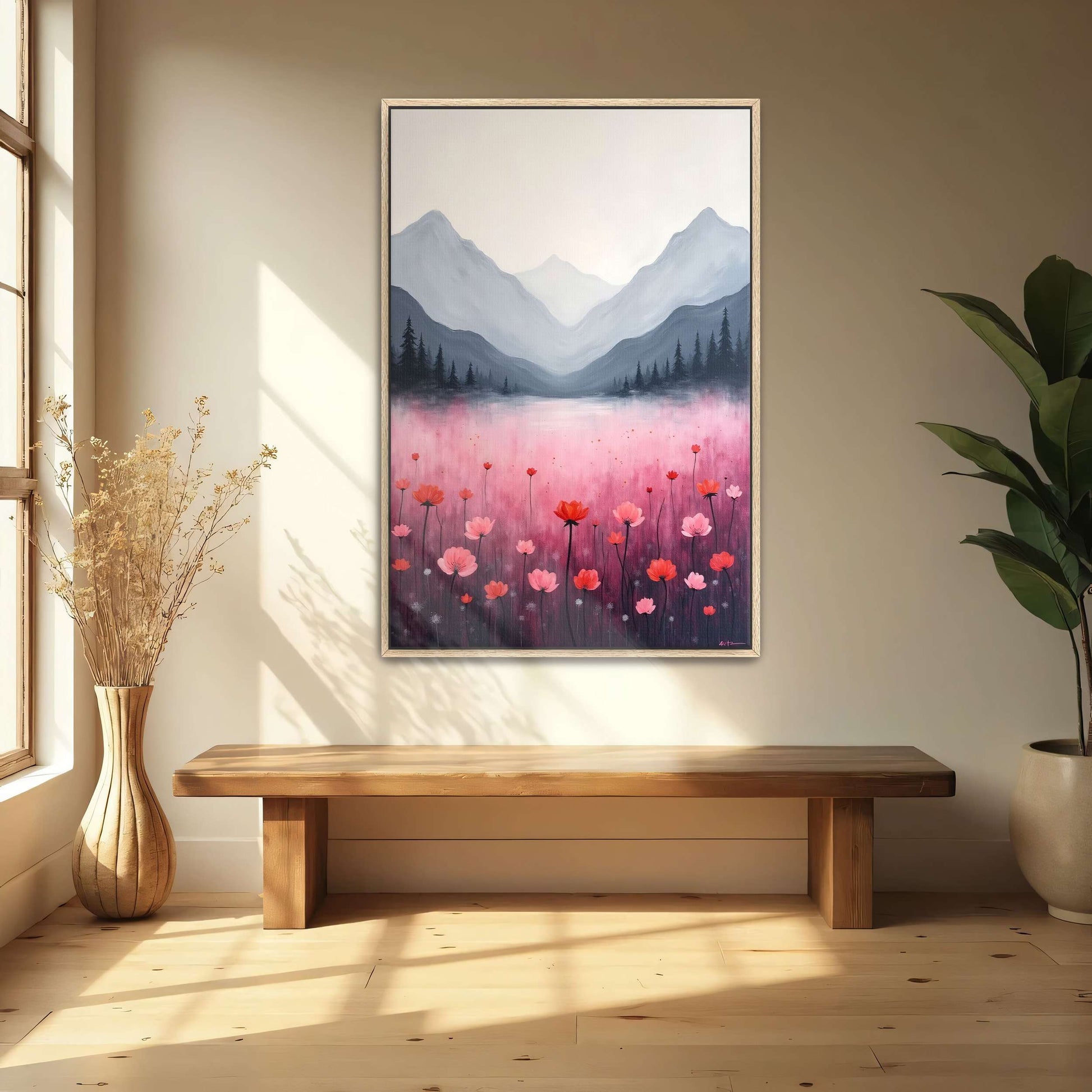 Mountain Landscape With Pink Flowers By Yara Rabibzad