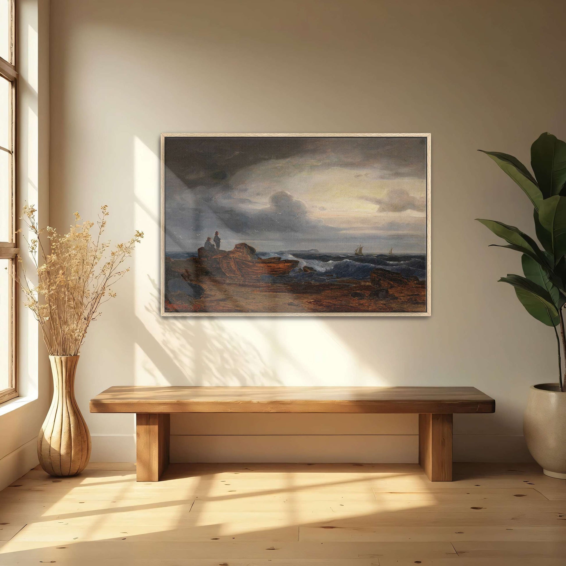 Two Figures On A Rocky Shore With Boats And A Distant Sailboat Under A Cloudy Sky By Karl Hagemeister