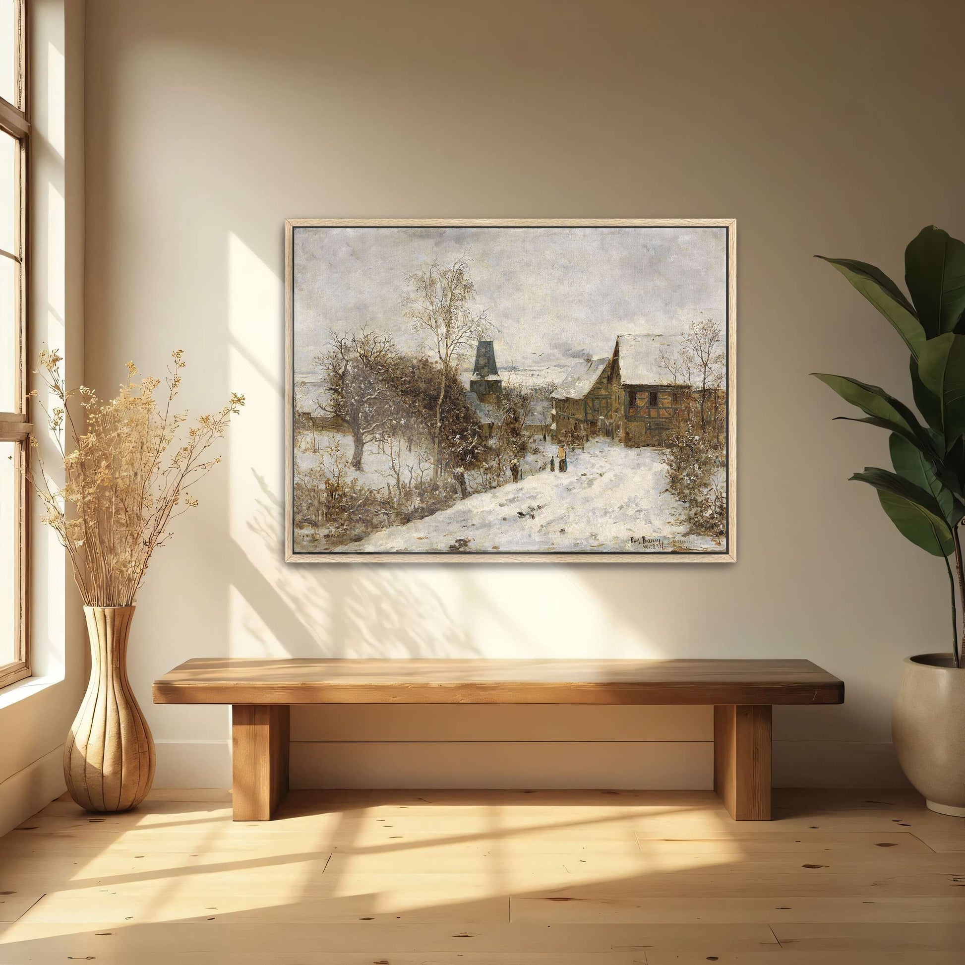 Snowy village scene with houses by Paul Baum