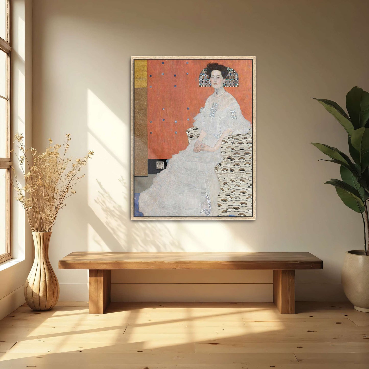 Woman in white dress seated on patterned chair by Gustav Klimt