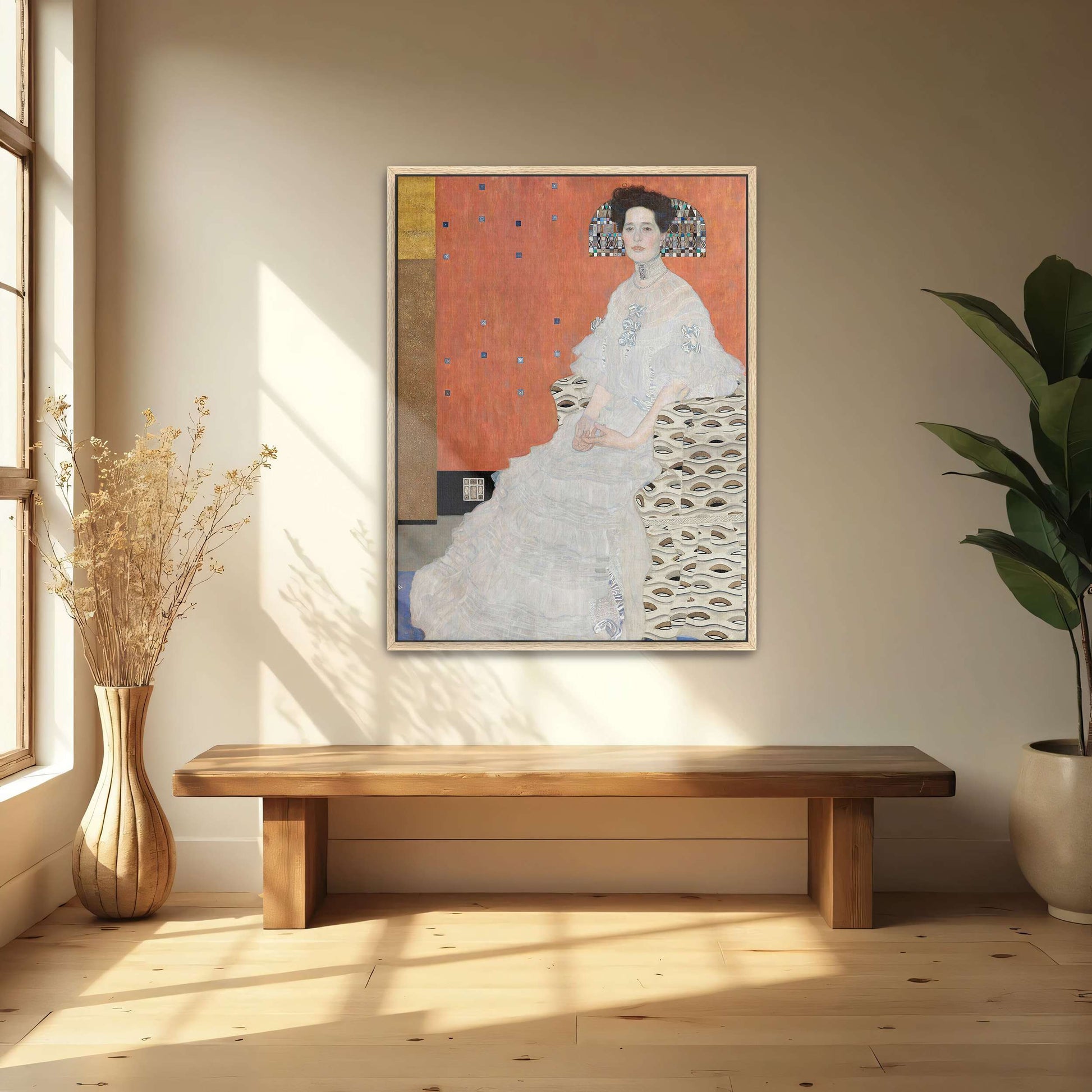 Woman in white dress seated on patterned chair by Gustav Klimt