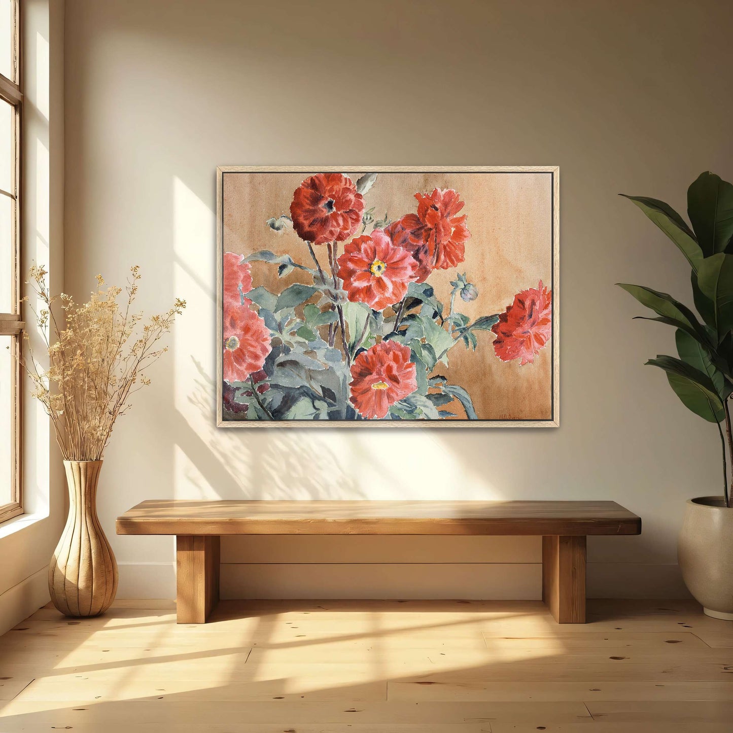 Red dahlias in a vase by Hannah Borger Overbeck