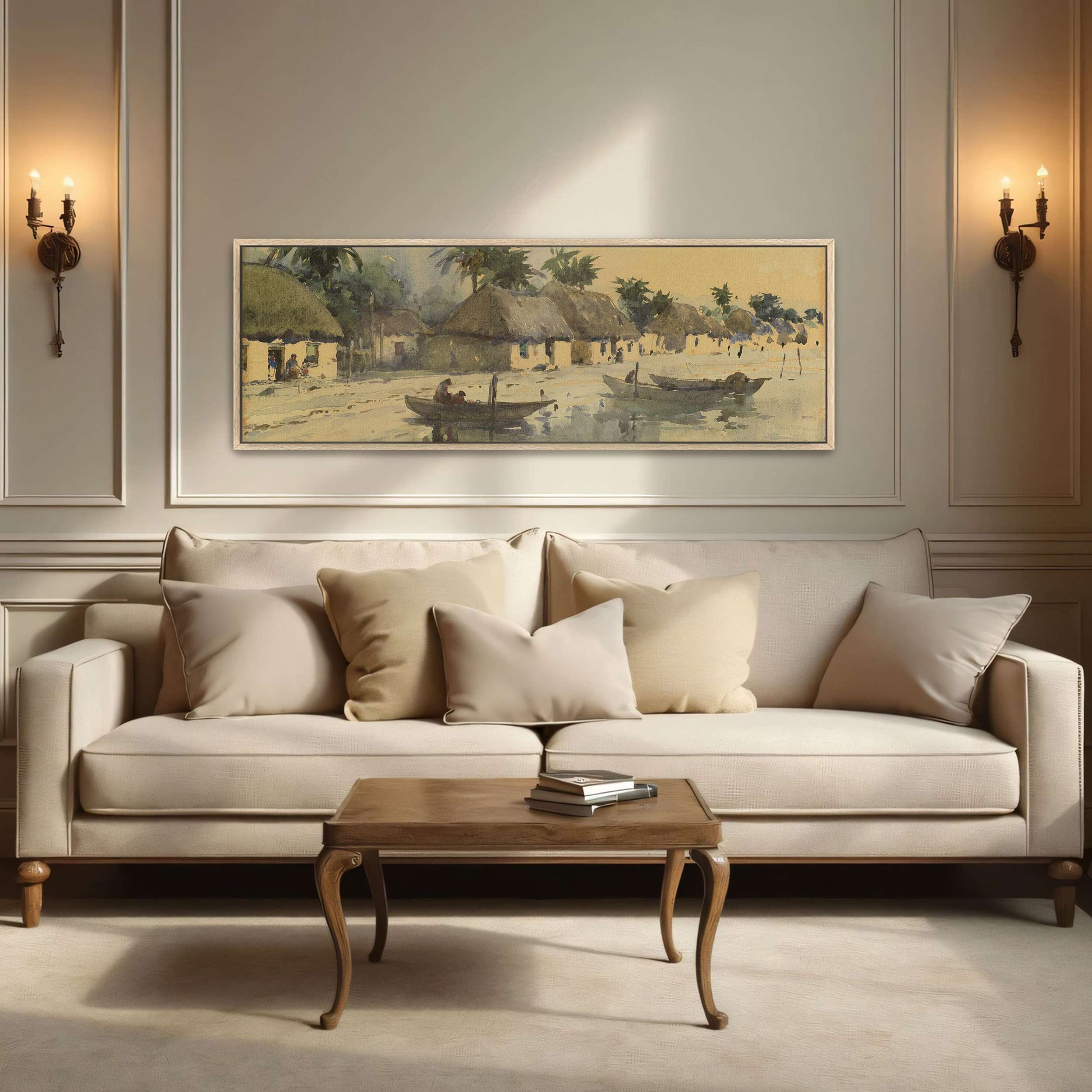 A watercolor painting of a village on the coast by William Henry Holmes