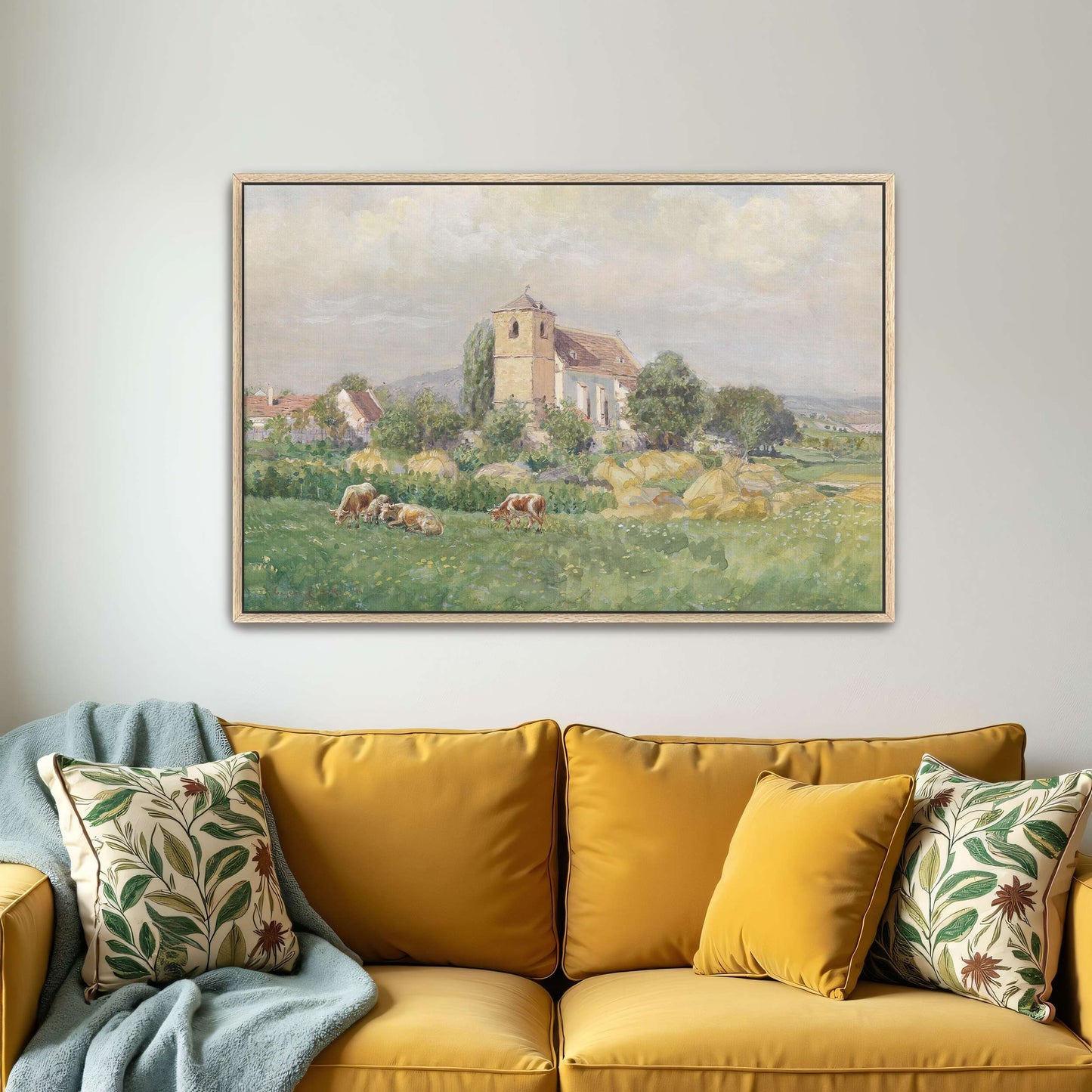 Church and cows in a field by Eugen Jettel