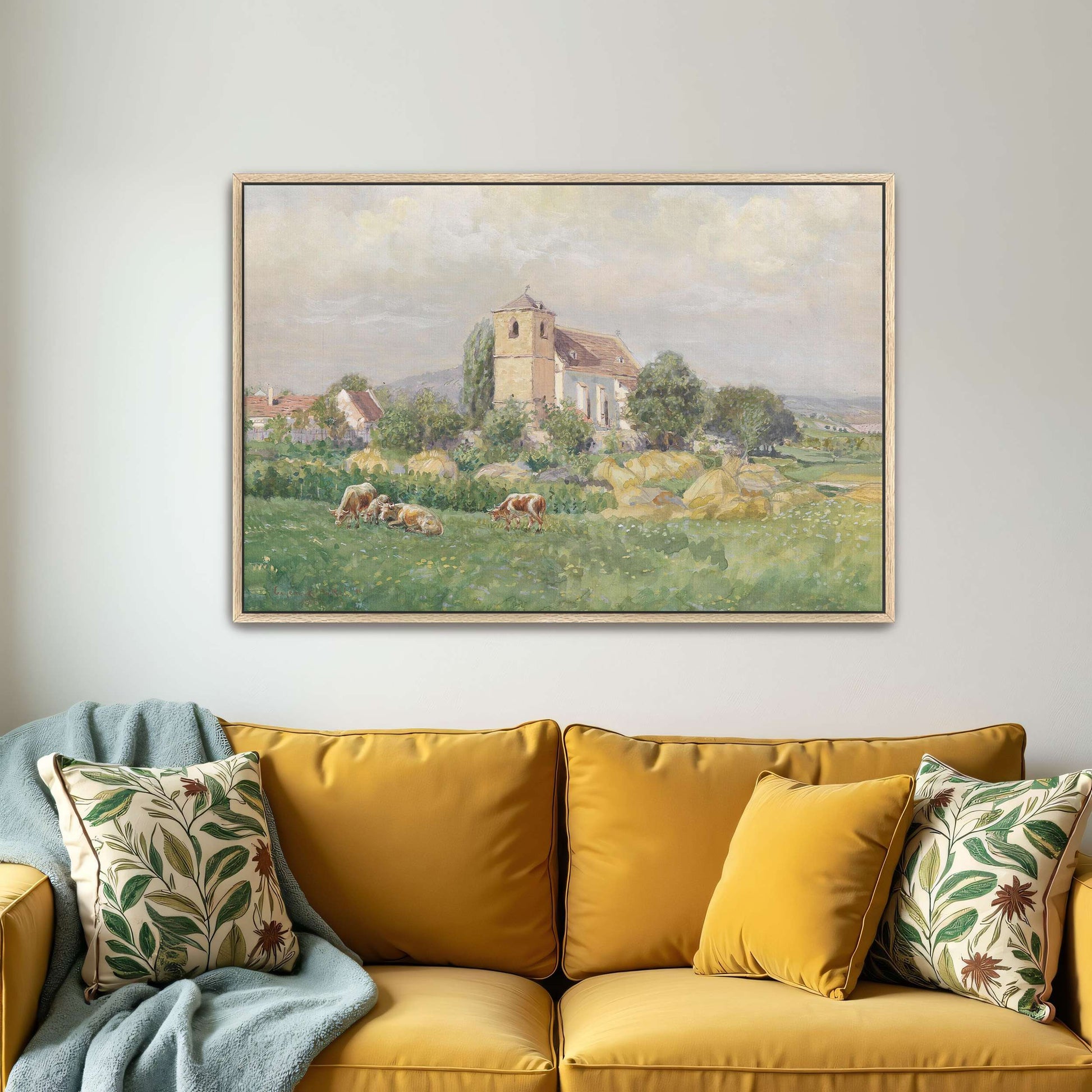Church and cows in a field by Eugen Jettel