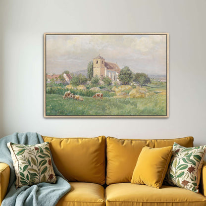 Church and cows in a field by Eugen Jettel