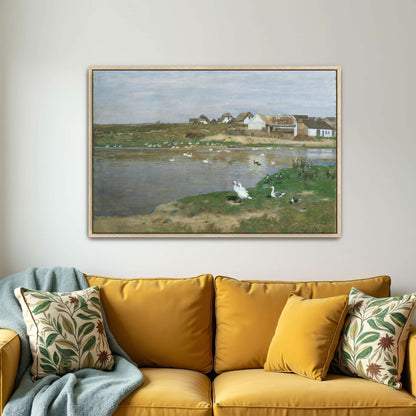 Village with geese on a lake by Eugen Jettel
