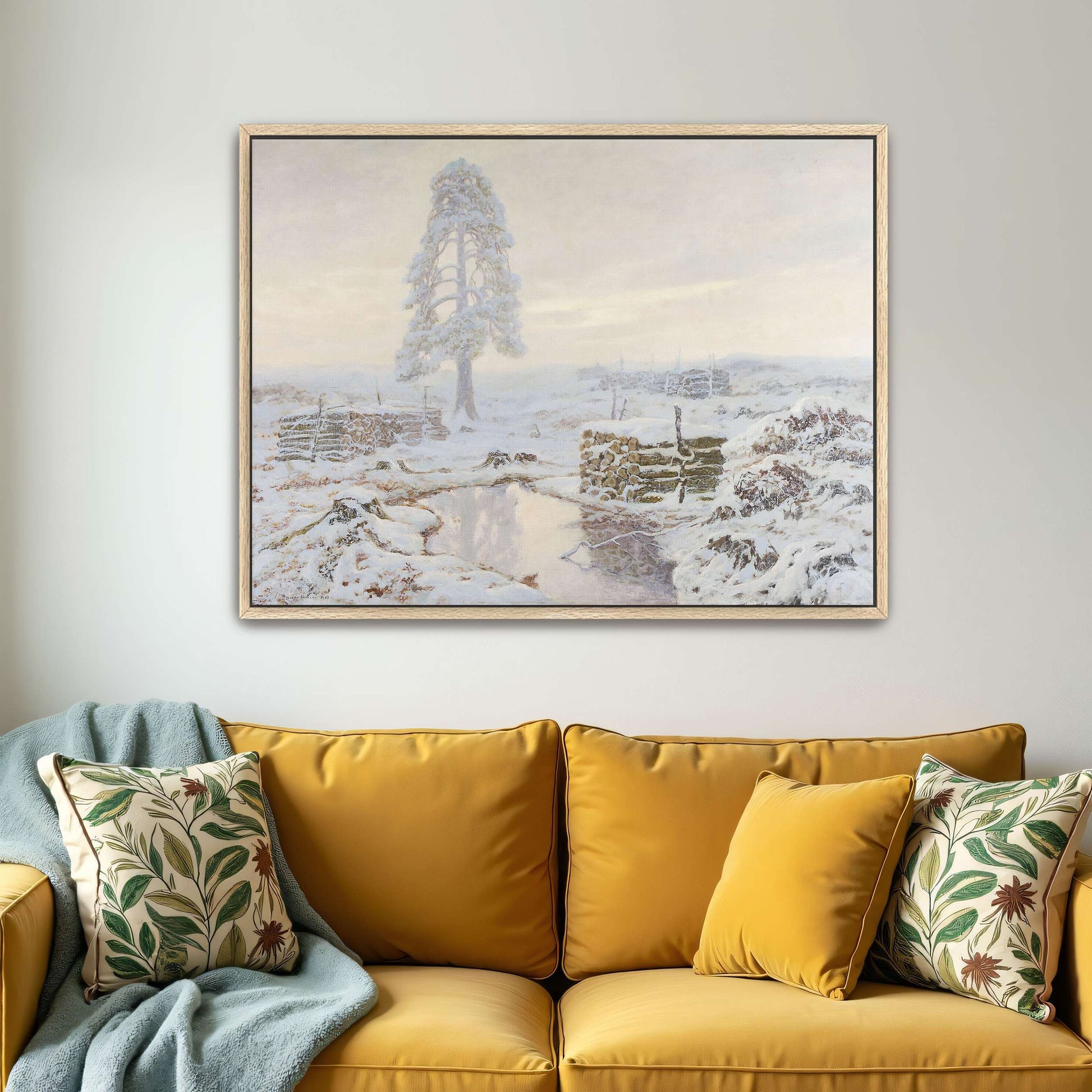 Snowy winter landscape with lone tree by Józef Rapacki