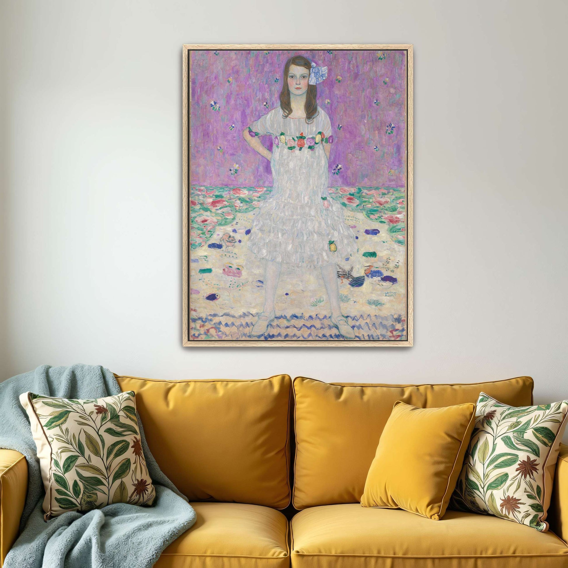 Young girl in white dress, floral background by Gustav Klimt