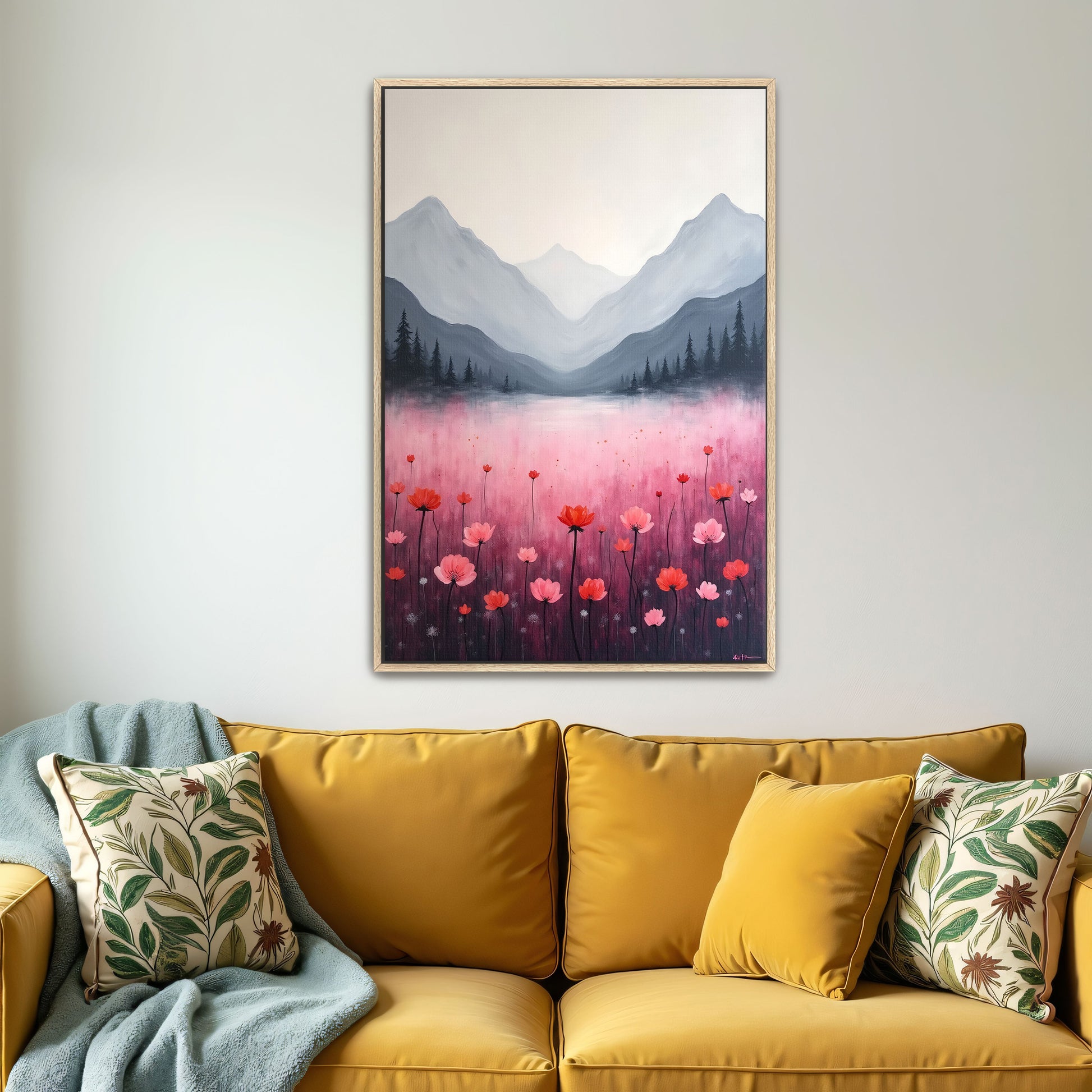 Mountain Landscape With Pink Flowers By Yara Rabibzad