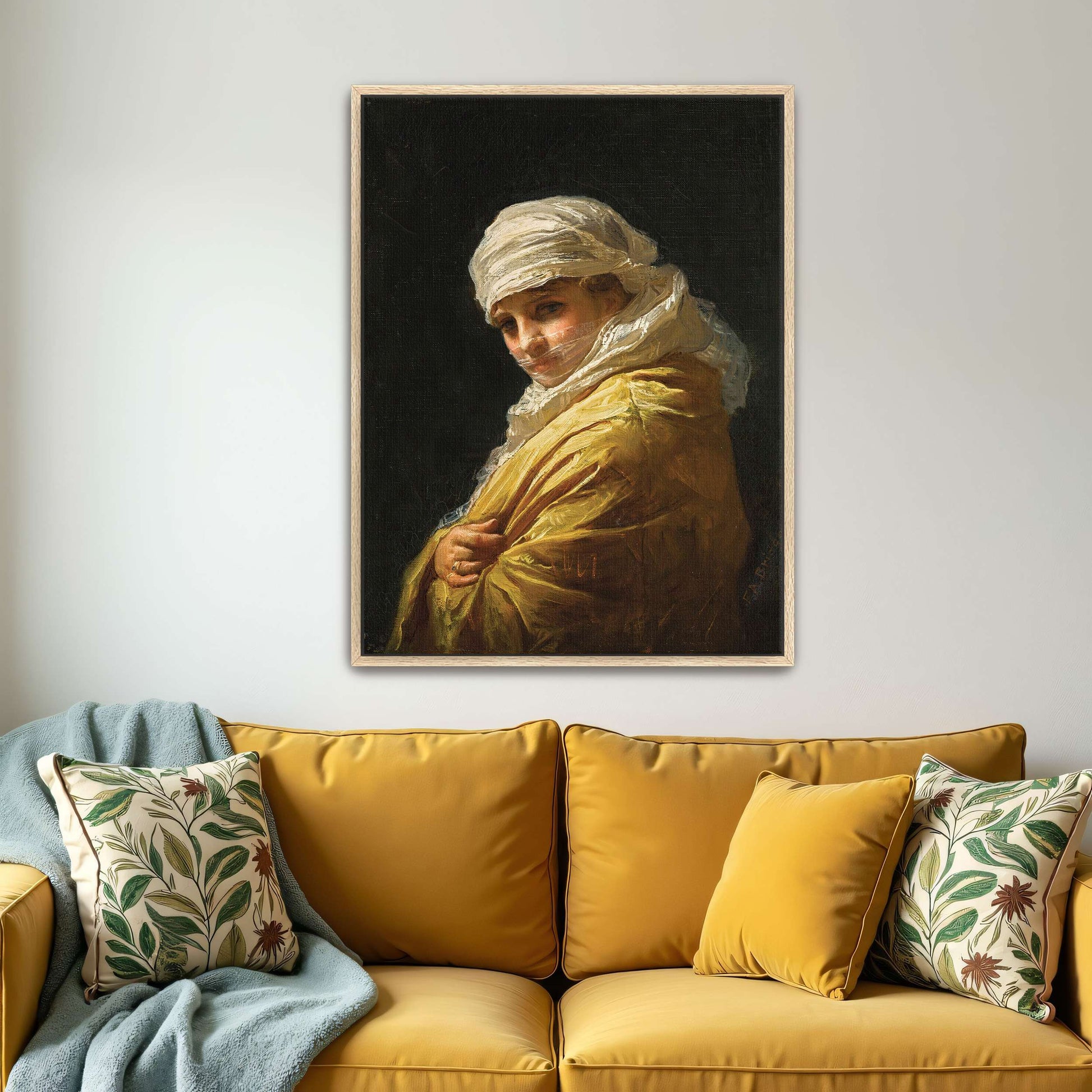 Woman in white turban and yellow shawl by Frederick Arthur Bridgman