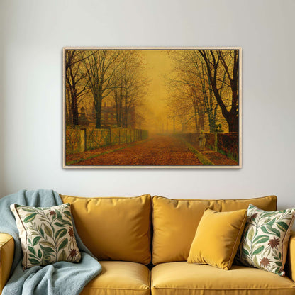 Autumnal Evening Street Scene, Foggy Pathway, Golden Light By John Atkinson Grimshaw