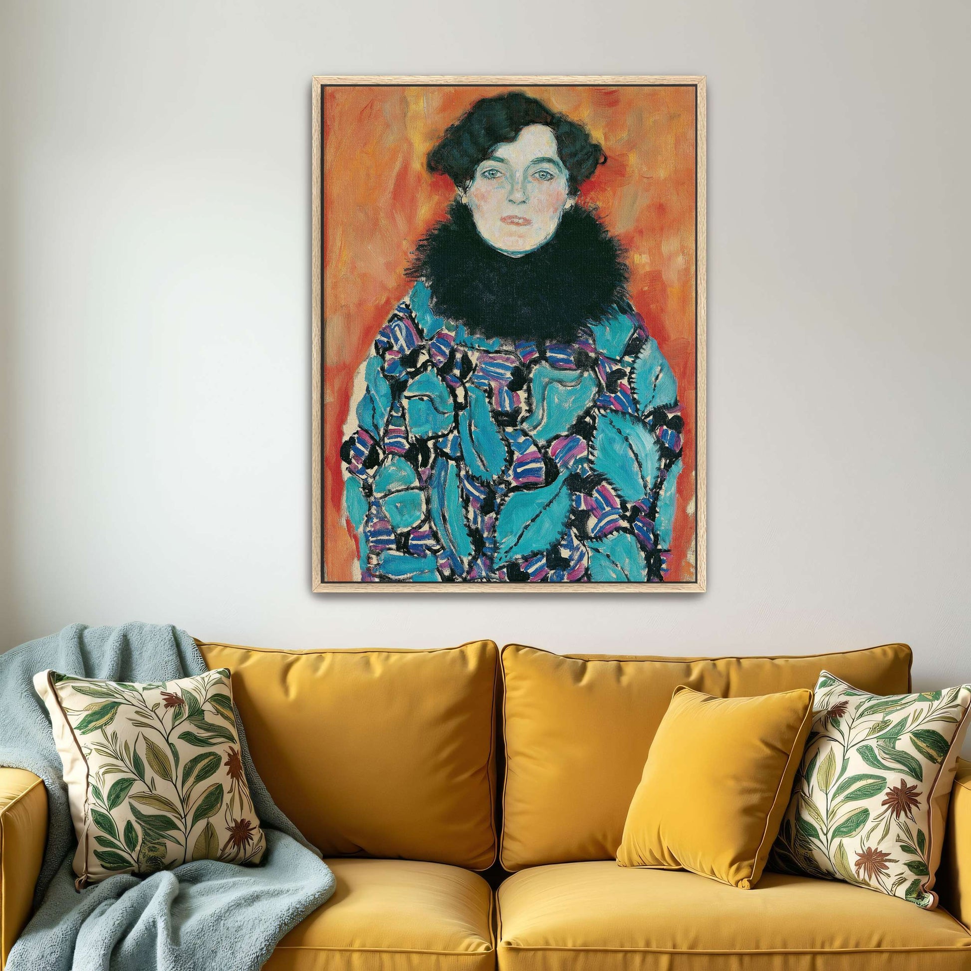 Portrait of a woman in a patterned dress by Gustav Klimt