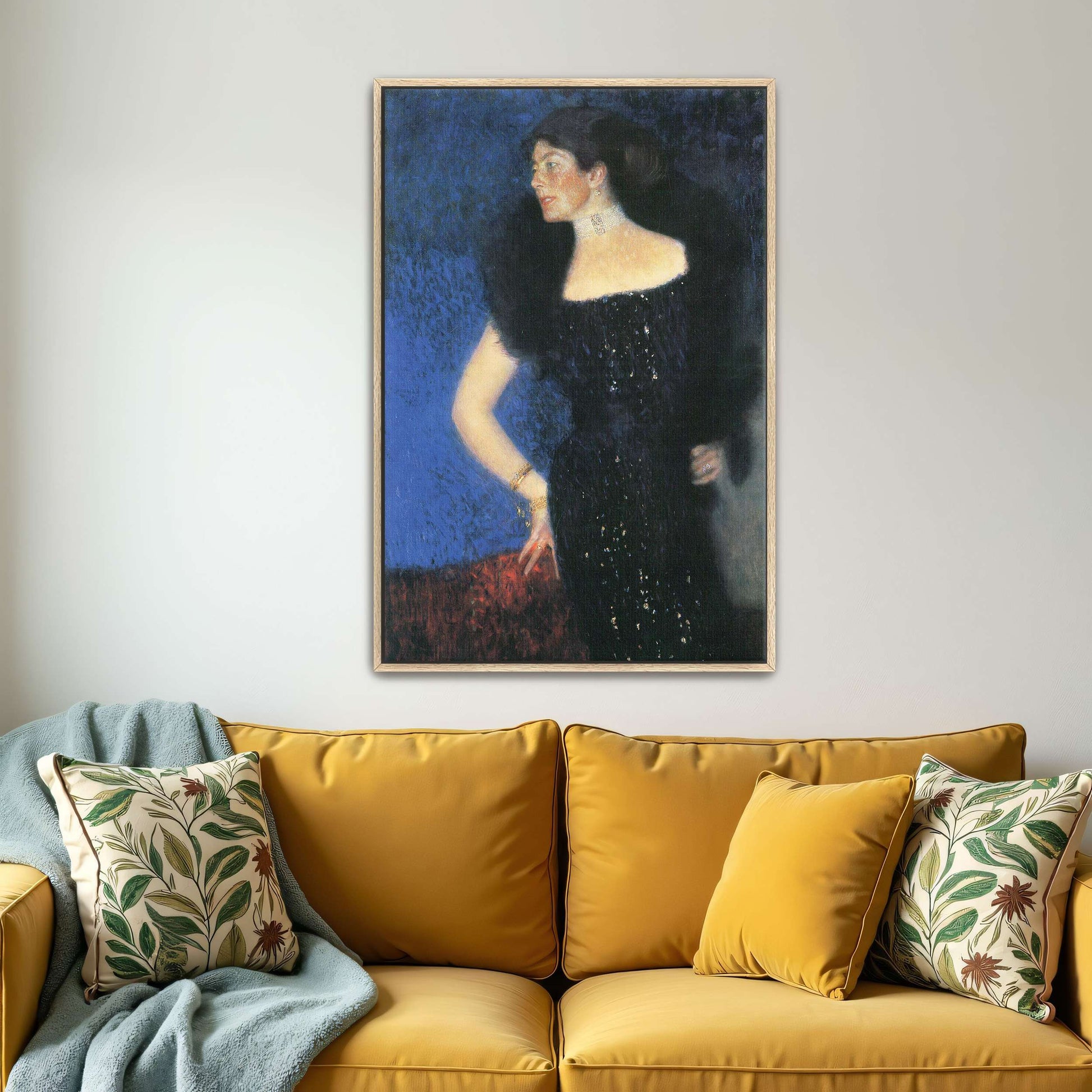 Woman in a black dress with jewelry by Gustav Klimt