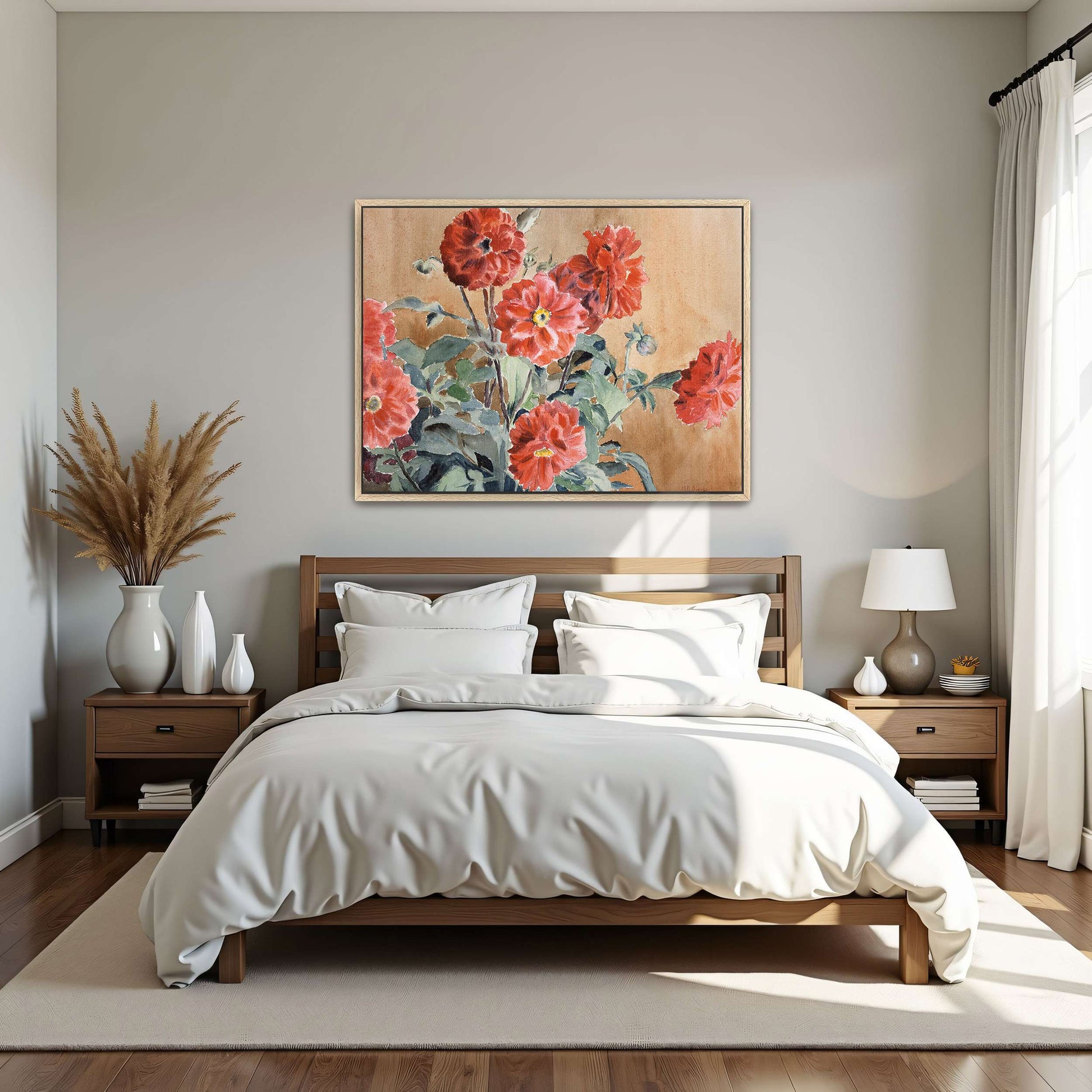 Red dahlias in a vase by Hannah Borger Overbeck