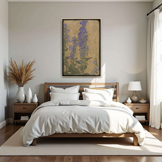 Purple flowers on beige background by Hannah Borger Overbeck