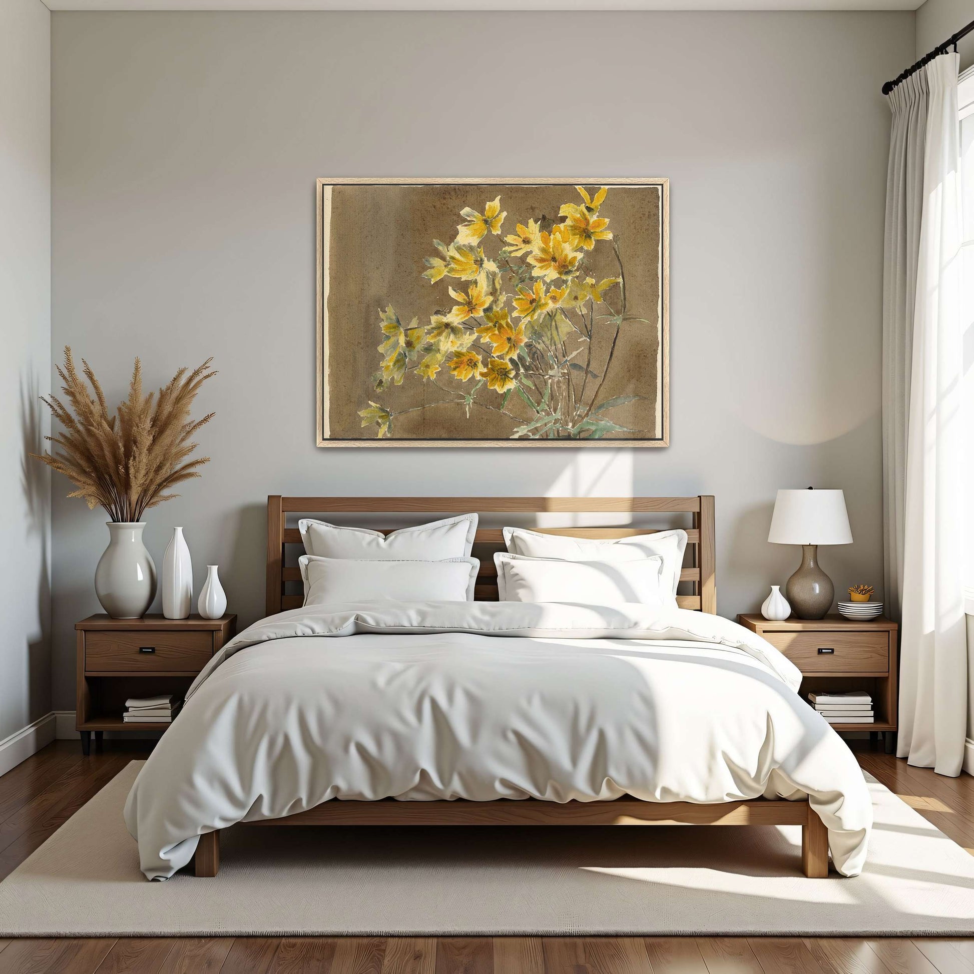 Yellow flowers on brown background by Hannah Borger Overbeck