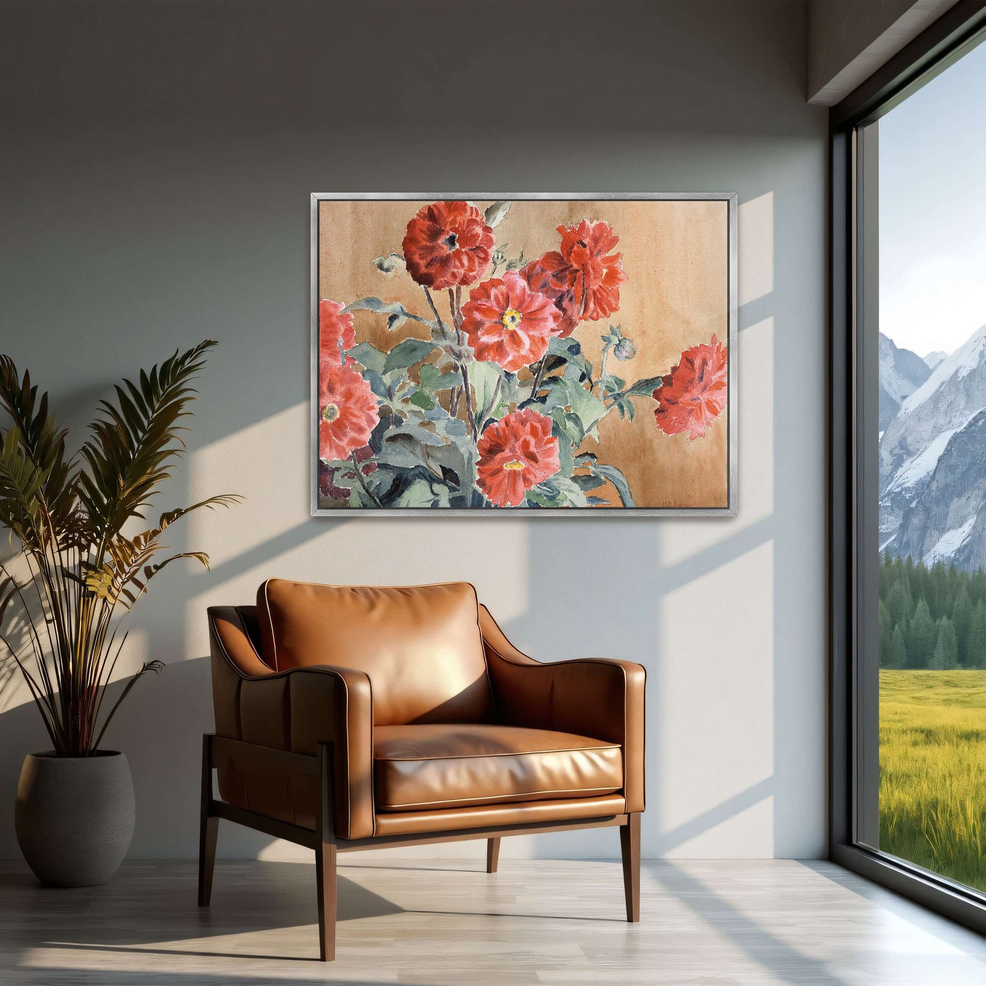Red dahlias in a vase by Hannah Borger Overbeck