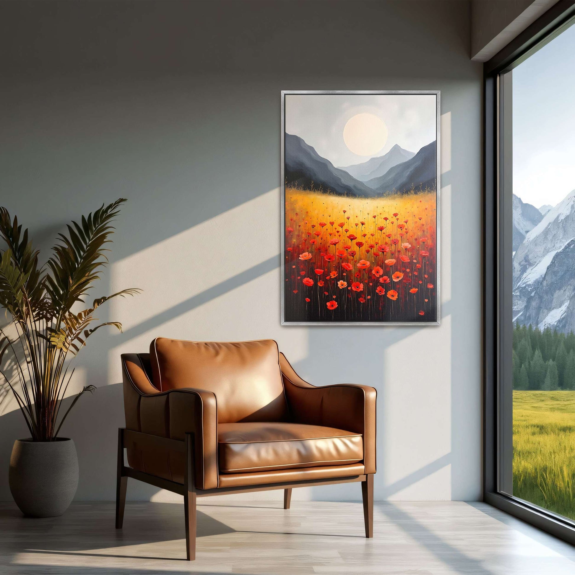 Poppies In A Field With Mountains And Moon By Yara Rabibzad