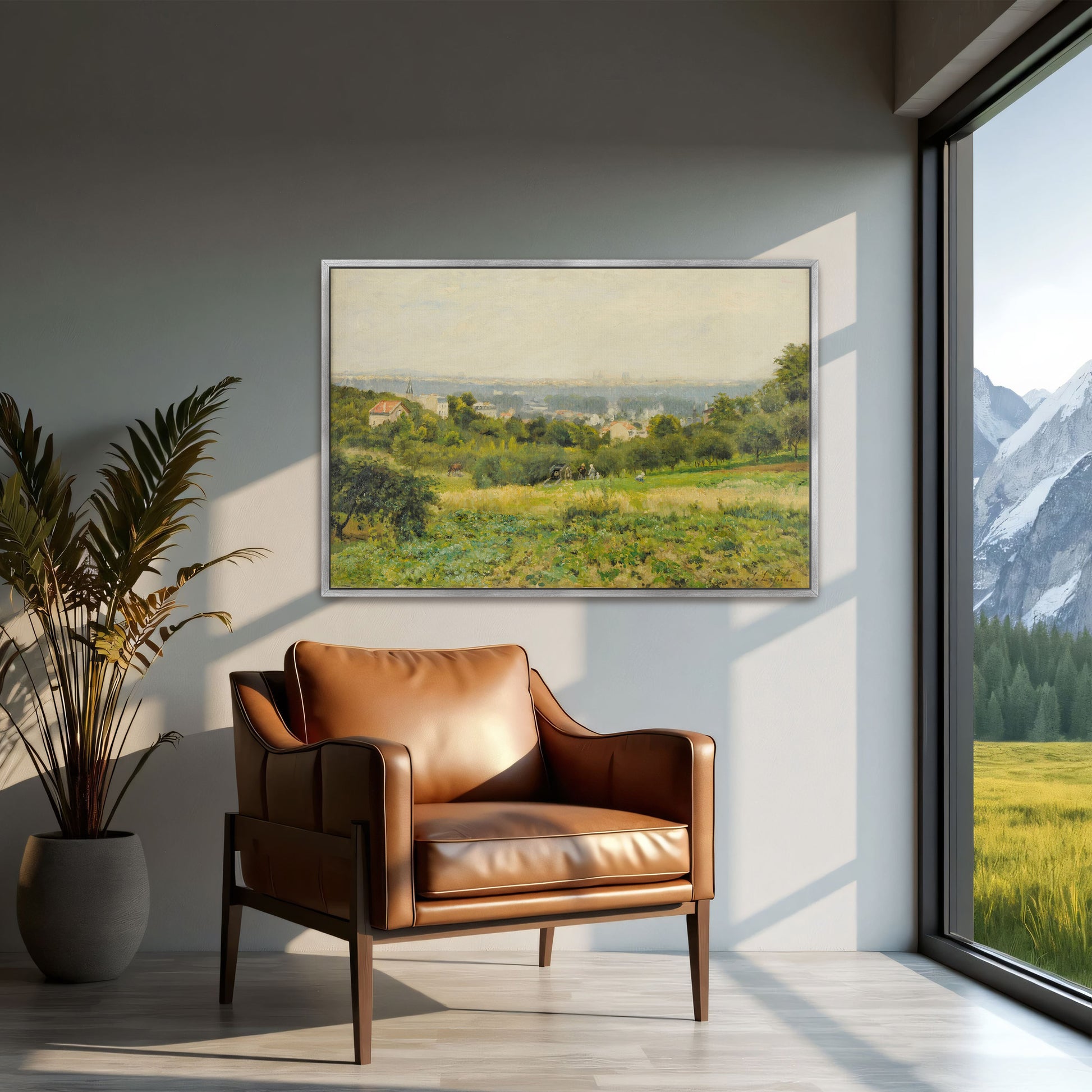 A Pastoral View Of A Cityscape With Rolling Hills And A Distant Church By Stanislas Lépine