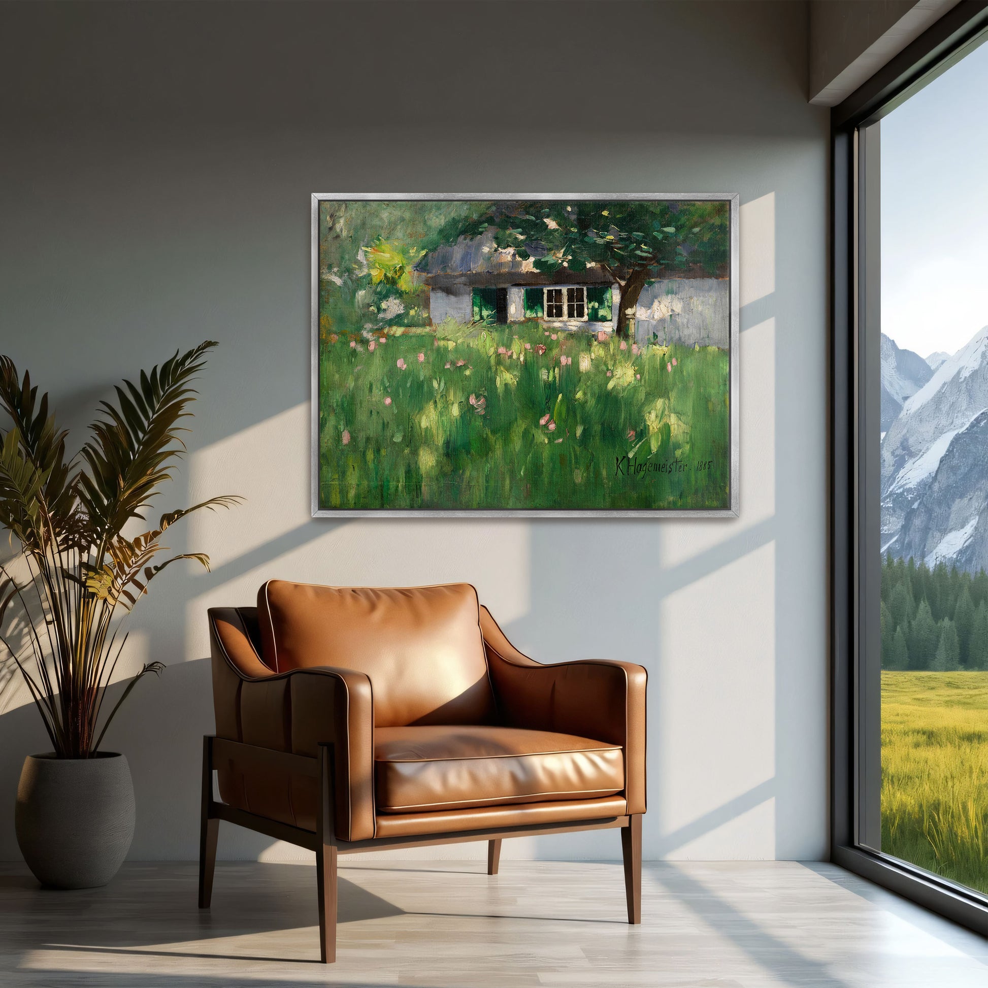 Countryside Cottage With Green Grass And Pink Flowers By Karl Hagemeister