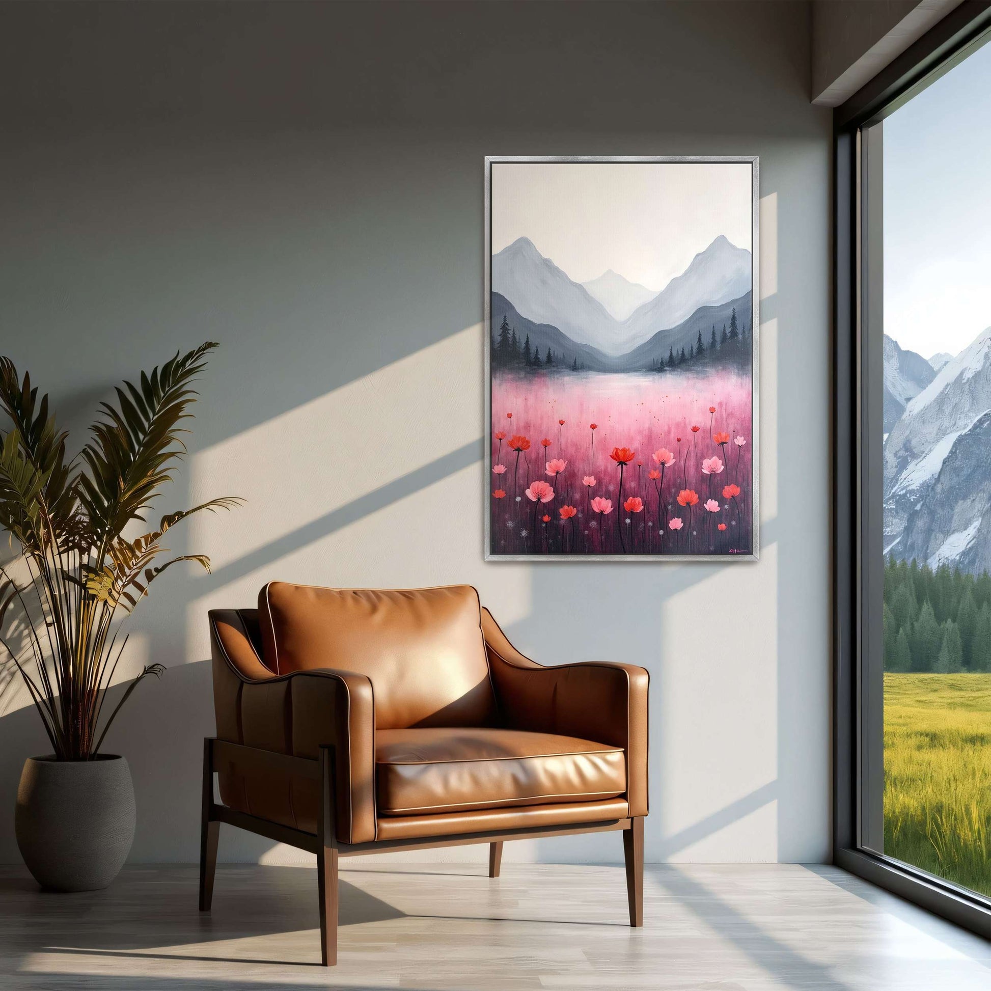 Mountain Landscape With Pink Flowers By Yara Rabibzad